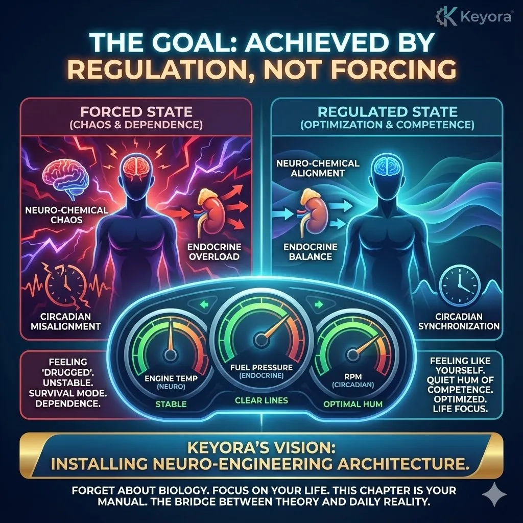 High-tech 3D schematic visualizing the Tri-Axis Regulation Model where Neuro-Chemical, Endocrine, and Circadian axes align through organic golden roots. This functional-first visual demonstrates Magnesium Glycinate and Ashwagandha facilitating Cortisol Regulation to terminate the Neuro-Endocrine Storm. Metallic textures represent the Neuro-Engineering architecture required for Systemic Regulation and ATP Synthesis. By stabilizing the Four-Drive System, the composition illustrates the transformation of biological machinery into a state of Neurological Sovereignty and Resilience. High-tech 3D schematic visualizing the Tri-Axis Regulation Model where Neuro-Chemical, Endocrine, and Circadian axes align through organic golden roots. This functional-first visual demonstrates Magnesium Glycinate and Ashwagandha facilitating Cortisol Regulation to terminate the Neuro-Endocrine Storm. Metallic textures represent the Neuro-Engineering architecture required for Systemic Regulation and ATP Synthesis. By stabilizing the Four-Drive System, the composition illustrates the transformation of biological machinery into a state of Neurological Sovereignty and Resilience.