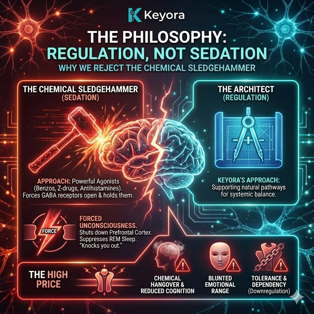 A high-density 3D render contrasting the Chemical Sledgehammer of forced sedation against Keyora Neuro-Engineering. Translucent glass receptors show the impact of agonists causing receptor downregulation versus the Architect approach of Systemic Regulation. This scientific schematic maps how Magnesium Glycinate and L-Theanine preserve the prefrontal cortex during Cortisol Regulation. By avoiding the Neuro-Endocrine Storm, the visual illustrates the preservation of Neuroplasticity and ATP Synthesis within the Four-Drive System to maintain Neurological Sovereignty. A high-density 3D render contrasting the Chemical Sledgehammer of forced sedation against Keyora Neuro-Engineering. Translucent glass receptors show the impact of agonists causing receptor downregulation versus the Architect approach of Systemic Regulation. This scientific schematic maps how Magnesium Glycinate and L-Theanine preserve the prefrontal cortex during Cortisol Regulation. By avoiding the Neuro-Endocrine Storm, the visual illustrates the preservation of Neuroplasticity and ATP Synthesis within the Four-Drive System to maintain Neurological Sovereignty.