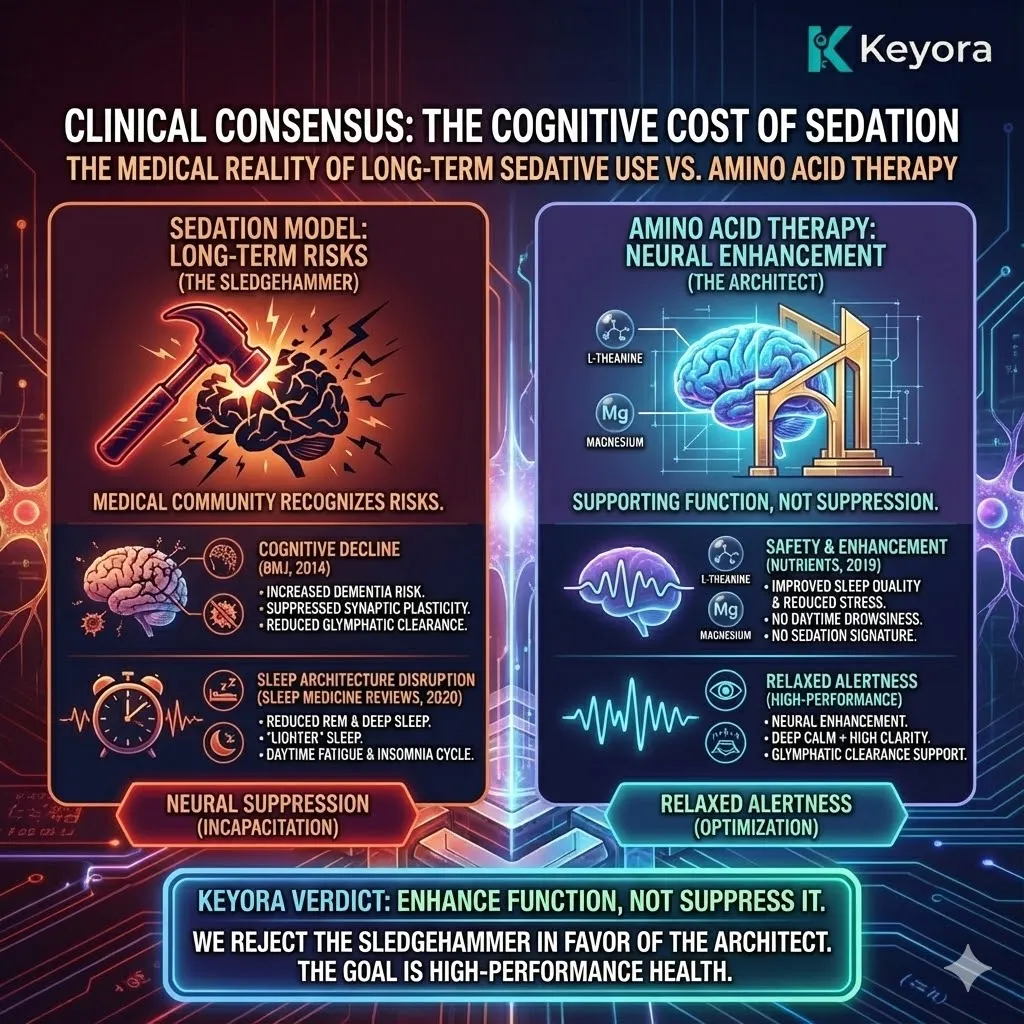 A functional scientific schematic contrasting glymphatic clearance during restorative sleep versus the suppression of synaptic plasticity caused by chemical sedatives. Hyper-realistic 3D renders illustrate the accumulation of neurotoxins when REM sleep is disrupted compared to the maintenance of slow-wave sleep through the Keyora Architect model. By utilizing L-Theanine and Magnesium Glycinate to support Relaxed Alertness, the visual maps the preservation of the Four-Drive System and ATP Synthesis, ensuring long-term Neurological Sovereignty and structural Resilience. A functional scientific schematic contrasting glymphatic clearance during restorative sleep versus the suppression of synaptic plasticity caused by chemical sedatives. Hyper-realistic 3D renders illustrate the accumulation of neurotoxins when REM sleep is disrupted compared to the maintenance of slow-wave sleep through the Keyora Architect model. By utilizing L-Theanine and Magnesium Glycinate to support Relaxed Alertness, the visual maps the preservation of the Four-Drive System and ATP Synthesis, ensuring long-term Neurological Sovereignty and structural Resilience.
