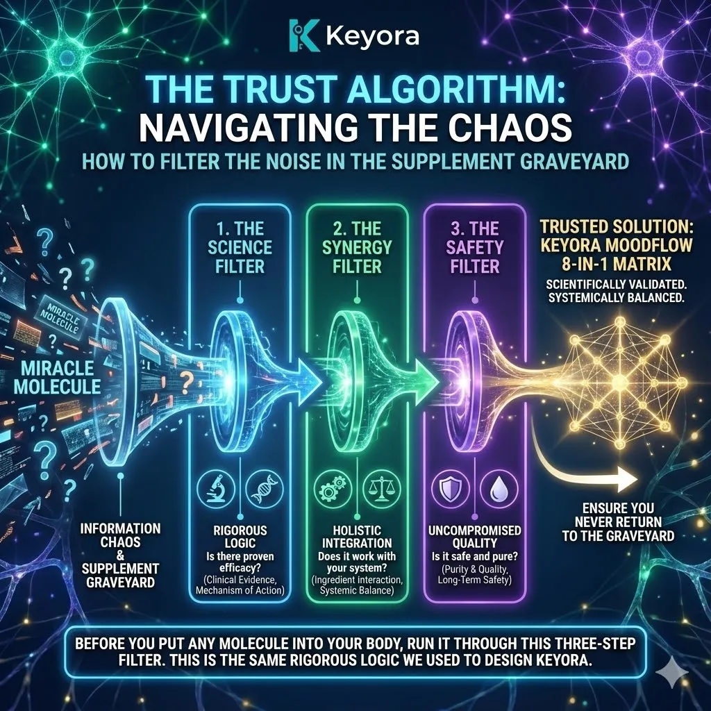 A functional scientific schematic of the Keyora Trust Algorithm rendered as a 3D structural mapping matrix. The visual depicts a triple-layered filter designed to eliminate Information Chaos within the Supplement Graveyard. Metallic textures and bioluminescent cyan fluid represent the high-density logic gates of the Four-Drive System. This architectural design illustrates the transition from molecular noise to Systemic Regulation, ensuring every compound supports ATP Synthesis and Neurological Sovereignty. The 8k render captures the precision of the MoodFlow 8-in-1 Matrix as the ultimate tool for Neuro-Engineering. A functional scientific schematic of the Keyora Trust Algorithm rendered as a 3D structural mapping matrix. The visual depicts a triple-layered filter designed to eliminate Information Chaos within the Supplement Graveyard. Metallic textures and bioluminescent cyan fluid represent the high-density logic gates of the Four-Drive System. This architectural design illustrates the transition from molecular noise to Systemic Regulation, ensuring every compound supports ATP Synthesis and Neurological Sovereignty. The 8k render captures the precision of the MoodFlow 8-in-1 Matrix as the ultimate tool for Neuro-Engineering.