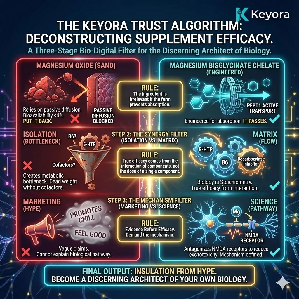 A functional scientific schematic detailing the triple-layered Trust Algorithm for biological optimization. The visual contrast highlights the PEPT1 Active Transport pathway of Magnesium Glycinate against the passive diffusion of low-grade oxides. Hyper-realistic 3D renders of the AADC Enzyme and Vitamin B6 illustrate metabolic Stoichiometry, preventing bottlenecks in the MoodFlow 8-in-1 Matrix. This architectural design maps the transition from marketing-led isolation to evidence-based Systemic Regulation, securing ATP Synthesis and Neurological Sovereignty within the Four-Drive System. A functional scientific schematic detailing the triple-layered Trust Algorithm for biological optimization. The visual contrast highlights the PEPT1 Active Transport pathway of Magnesium Glycinate against the passive diffusion of low-grade oxides. Hyper-realistic 3D renders of the AADC Enzyme and Vitamin B6 illustrate metabolic Stoichiometry, preventing bottlenecks in the MoodFlow 8-in-1 Matrix. This architectural design maps the transition from marketing-led isolation to evidence-based Systemic Regulation, securing ATP Synthesis and Neurological Sovereignty within the Four-Drive System.