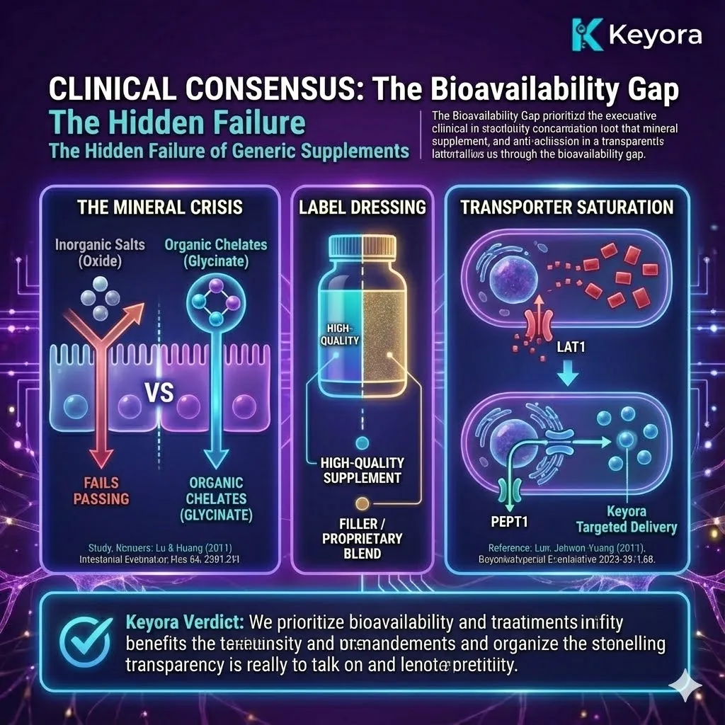 A functional scientific schematic illustrating the Bioavailability Gap between inorganic salts and organic chelates. The 3D render compares the passive diffusion failure of Magnesium Oxide against the high-solubility PEPT1 Active Transport pathway utilized by Magnesium Glycinate. Bioluminescent fluid traces the targeted delivery of the MoodFlow 8-in-1 Matrix, avoiding LAT1 transporter saturation. This architectural design maps the transition from Label Dressing to Systemic Regulation, ensuring that ATP Synthesis and Neurological Sovereignty are achieved through optimized metabolic absorption within the Four-Drive System. A functional scientific schematic illustrating the Bioavailability Gap between inorganic salts and organic chelates. The 3D render compares the passive diffusion failure of Magnesium Oxide against the high-solubility PEPT1 Active Transport pathway utilized by Magnesium Glycinate. Bioluminescent fluid traces the targeted delivery of the MoodFlow 8-in-1 Matrix, avoiding LAT1 transporter saturation. This architectural design maps the transition from Label Dressing to Systemic Regulation, ensuring that ATP Synthesis and Neurological Sovereignty are achieved through optimized metabolic absorption within the Four-Drive System.