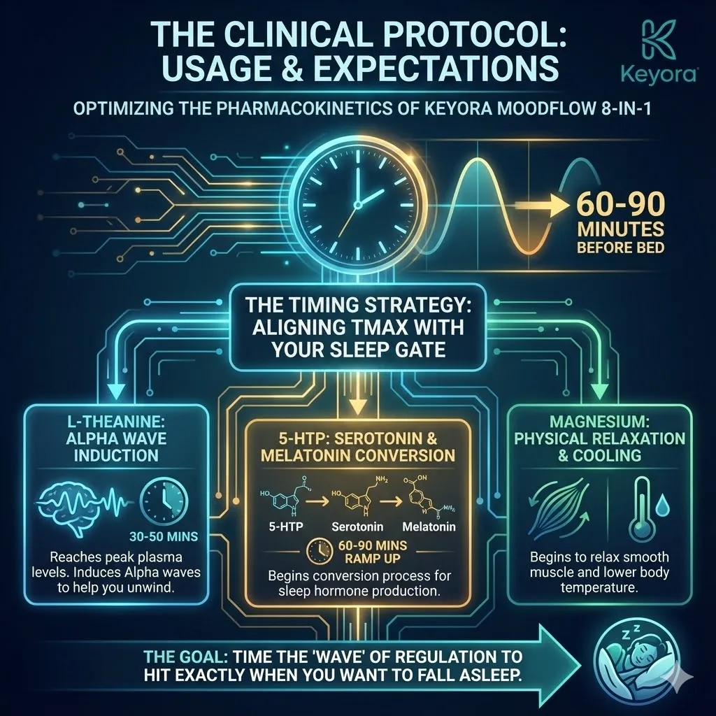 A functional scientific schematic mapping the Tmax pharmacokinetic curves of the MoodFlow 8-in-1 Matrix against the human circadian sleep gate. Hyper-realistic 3D renders illustrate the 60-90 minute window where L-Theanine induces Alpha waves while 5-HTP initiates the Serotonin-to-Melatonin conversion. The visual depicts Magnesium Glycinate facilitating smooth muscle relaxation and thermal downregulation. This architectural design synchronizes the Four-Drive System with endogenous rhythms, ensuring Systemic Regulation and ATP Synthesis are achieved to secure Neurological Sovereignty during the sleep-onset transition. A functional scientific schematic mapping the Tmax pharmacokinetic curves of the MoodFlow 8-in-1 Matrix against the human circadian sleep gate. Hyper-realistic 3D renders illustrate the 60-90 minute window where L-Theanine induces Alpha waves while 5-HTP initiates the Serotonin-to-Melatonin conversion. The visual depicts Magnesium Glycinate facilitating smooth muscle relaxation and thermal downregulation. This architectural design synchronizes the Four-Drive System with endogenous rhythms, ensuring Systemic Regulation and ATP Synthesis are achieved to secure Neurological Sovereignty during the sleep-onset transition.