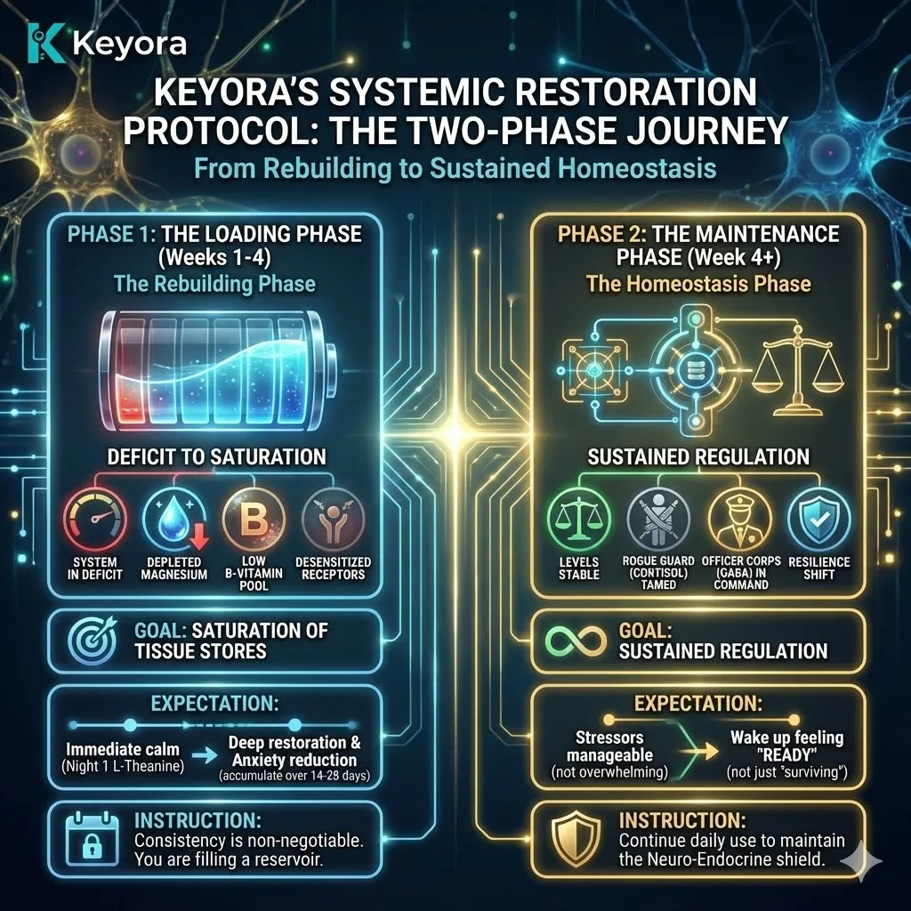 A functional scientific schematic illustrating the two-phase transition from biological deficit to structural homeostasis. The 3D render depicts the Loading Phase as the saturation of tissue stores and Magnesium reservoir replenishment to reset the HPA axis. The Maintenance Phase is visualized as a reinforced Neuro-Endocrine shield where the Officer Corps of GABA receptors maintains Systemic Regulation. This architectural design maps the suppression of the Rogue Guard Cortisol and the stabilization of the Four-Drive System to ensure permanent Neurological Sovereignty and sustained ATP Synthesis. A functional scientific schematic illustrating the two-phase transition from biological deficit to structural homeostasis. The 3D render depicts the Loading Phase as the saturation of tissue stores and Magnesium reservoir replenishment to reset the HPA axis. The Maintenance Phase is visualized as a reinforced Neuro-Endocrine shield where the Officer Corps of GABA receptors maintains Systemic Regulation. This architectural design maps the suppression of the Rogue Guard Cortisol and the stabilization of the Four-Drive System to ensure permanent Neurological Sovereignty and sustained ATP Synthesis.