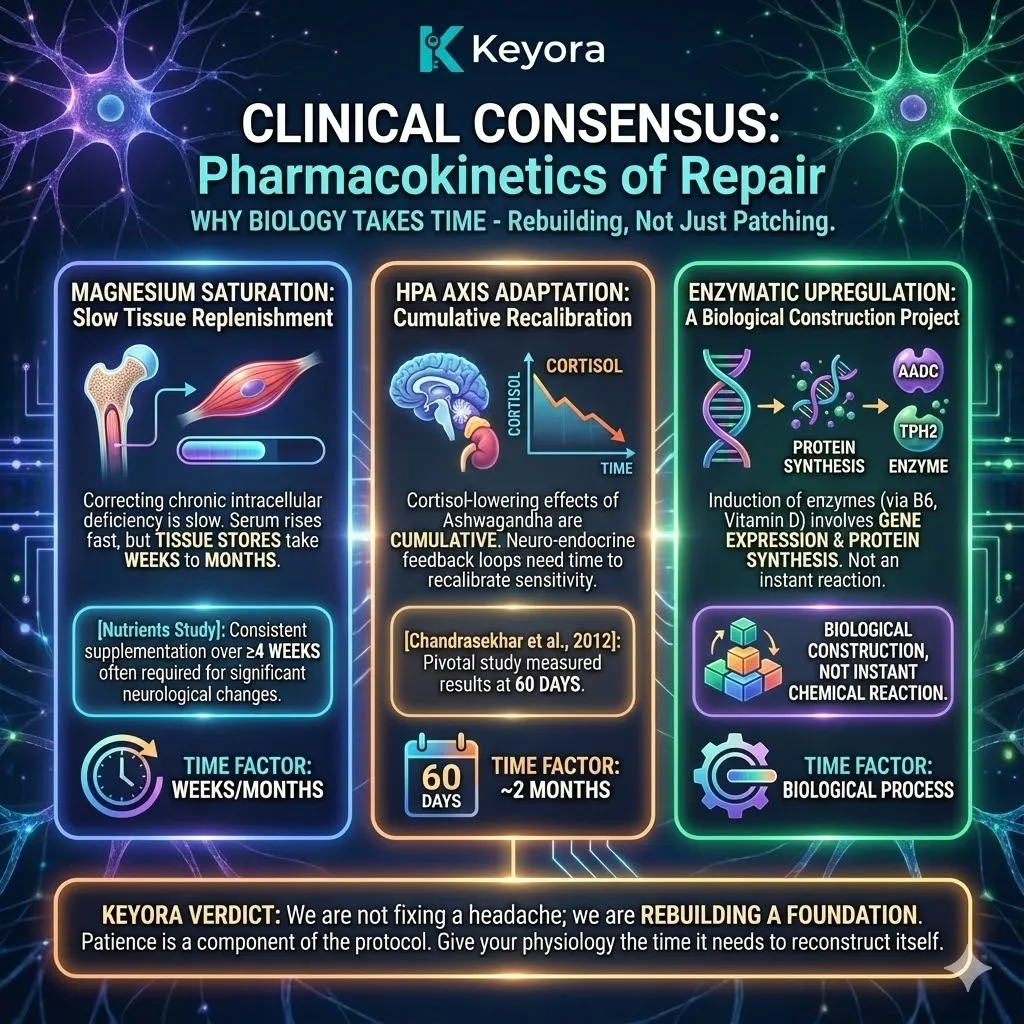 A functional scientific schematic of the intracellular magnesium saturation process and neuro-endocrine recalibration. The 3D render illustrates the slow transition from serum elevation to the deep replenishment of bone and tissue stores. Hyper-realistic 3D structures map the enzymatic upregulation of AADC and TPH2, highlighting the gene expression and protein synthesis required for long-term HPA axis adaptation. This architectural design visualizes the biological construction project of rebuilding the foundation of the Four-Drive System to ensure permanent ATP Synthesis and Neurological Sovereignty. A functional scientific schematic of the intracellular magnesium saturation process and neuro-endocrine recalibration. The 3D render illustrates the slow transition from serum elevation to the deep replenishment of bone and tissue stores. Hyper-realistic 3D structures map the enzymatic upregulation of AADC and TPH2, highlighting the gene expression and protein synthesis required for long-term HPA axis adaptation. This architectural design visualizes the biological construction project of rebuilding the foundation of the Four-Drive System to ensure permanent ATP Synthesis and Neurological Sovereignty.