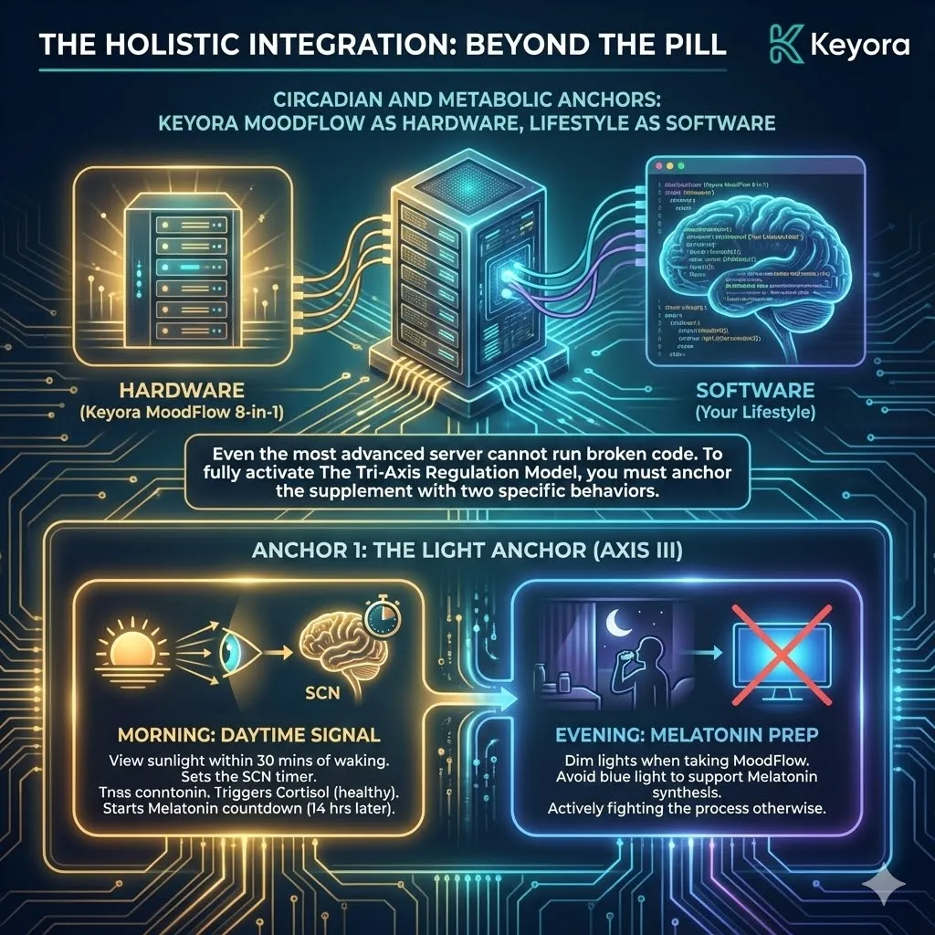 A functional scientific schematic of the Light Anchor protocol illustrating the synchronization of the SCN timer via morning sunlight. The 3D render contrasts the daytime Cortisol spike with the evening Melatonin synthesis triggered by the MoodFlow 8-in-1 Matrix and blue light reduction. Hyper-realistic 3D nodes represent Axis III of the Tri-Axis Regulation Model, showing the interplay between Vitamin D signaling and circadian rhythms. This architectural design maps the software-hardware integration required to secure Systemic Regulation and ATP Synthesis within the Four-Drive System for total Neurological Sovereignty. A functional scientific schematic of the Light Anchor protocol illustrating the synchronization of the SCN timer via morning sunlight. The 3D render contrasts the daytime Cortisol spike with the evening Melatonin synthesis triggered by the MoodFlow 8-in-1 Matrix and blue light reduction. Hyper-realistic 3D nodes represent Axis III of the Tri-Axis Regulation Model, showing the interplay between Vitamin D signaling and circadian rhythms. This architectural design maps the software-hardware integration required to secure Systemic Regulation and ATP Synthesis within the Four-Drive System for total Neurological Sovereignty.