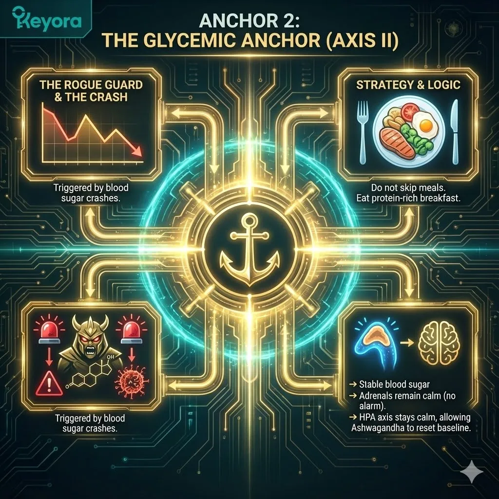 A functional scientific schematic of the Glycemic Anchor illustrating the relationship between blood sugar stability and adrenal activation. The 3D render contrasts a glycemic crash-induced Cortisol spike against the stabilized HPA axis maintained by protein-rich metabolic fueling. Hyper-realistic 3D models of the adrenal glands show the reduction in emergency signaling, allowing Ashwagandha to facilitate Systemic Regulation of Axis II. This architectural design maps the suppression of the Rogue Guard to ensure the Four-Drive System remains in a state of Neurological Sovereignty and efficient ATP Synthesis. A functional scientific schematic of the Glycemic Anchor illustrating the relationship between blood sugar stability and adrenal activation. The 3D render contrasts a glycemic crash-induced Cortisol spike against the stabilized HPA axis maintained by protein-rich metabolic fueling. Hyper-realistic 3D models of the adrenal glands show the reduction in emergency signaling, allowing Ashwagandha to facilitate Systemic Regulation of Axis II. This architectural design maps the suppression of the Rogue Guard to ensure the Four-Drive System remains in a state of Neurological Sovereignty and efficient ATP Synthesis.