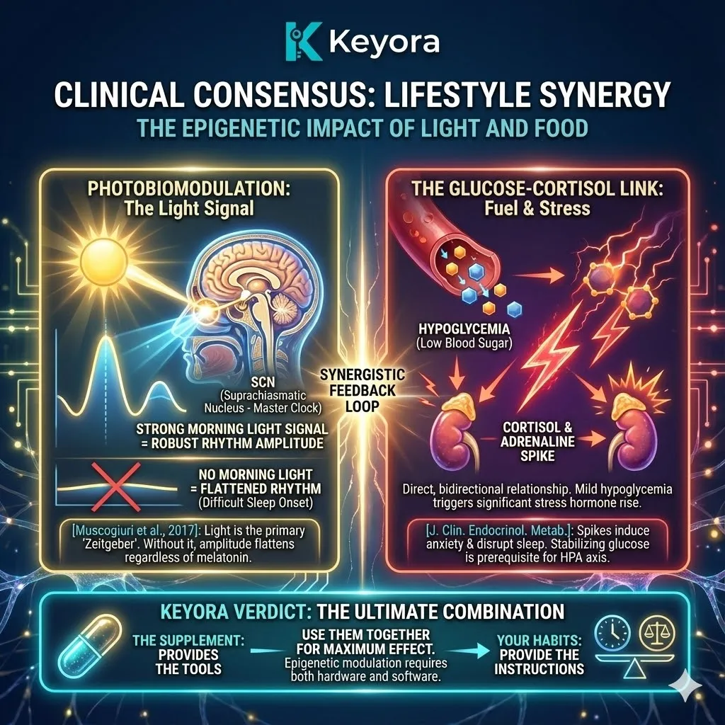 A functional scientific schematic illustrating the Epigenetic Impact of Light and Food through the Suprachiasmatic Nucleus Zeitgeber. The 3D render maps the amplitude of circadian rhythms, contrasting a flattened wave with a high-performance peak synchronized by Photobiomodulation. Hyper-realistic models trace the Glucose-Cortisol Link, showing how hypoglycemia triggers a Neuro-Endocrine Storm. By integrating morning light and glycemic stability with the MoodFlow 8-in-1 Matrix, the visual illustrates the transition to Systemic Regulation, securing ATP Synthesis and Neurological Sovereignty within the Four-Drive System. A functional scientific schematic illustrating the Epigenetic Impact of Light and Food through the Suprachiasmatic Nucleus Zeitgeber. The 3D render maps the amplitude of circadian rhythms, contrasting a flattened wave with a high-performance peak synchronized by Photobiomodulation. Hyper-realistic models trace the Glucose-Cortisol Link, showing how hypoglycemia triggers a Neuro-Endocrine Storm. By integrating morning light and glycemic stability with the MoodFlow 8-in-1 Matrix, the visual illustrates the transition to Systemic Regulation, securing ATP Synthesis and Neurological Sovereignty within the Four-Drive System.