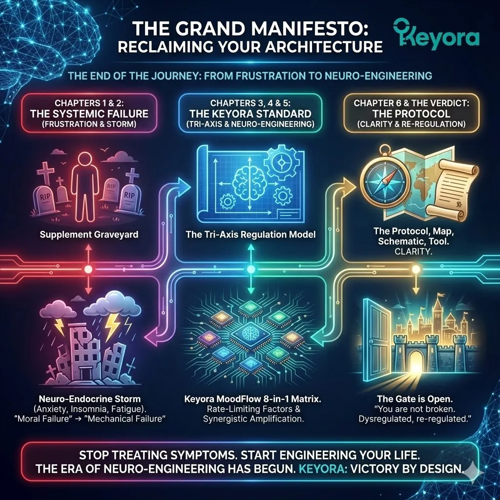A high-density 8k scientific schematic representing the Grand Manifesto and the culmination of the Keyora Neuro-Engineering journey. The 3D render depicts the transition from a fractured, dark Supplement Graveyard to a luminous, hyper-realistic neural architecture integrated with organic golden roots. Translucent glass fibers and metallic textures symbolize the Tri-Axis Regulation Model and the MoodFlow 8-in-1 Matrix in a state of full Systemic Regulation. The composition maps the suppression of the Neuro-Endocrine Storm and the final realization of Neurological Sovereignty, ATP Synthesis, and structural Resilience within the Four-Drive System. A high-density 8k scientific schematic representing the Grand Manifesto and the culmination of the Keyora Neuro-Engineering journey. The 3D render depicts the transition from a fractured, dark Supplement Graveyard to a luminous, hyper-realistic neural architecture integrated with organic golden roots. Translucent glass fibers and metallic textures symbolize the Tri-Axis Regulation Model and the MoodFlow 8-in-1 Matrix in a state of full Systemic Regulation. The composition maps the suppression of the Neuro-Endocrine Storm and the final realization of Neurological Sovereignty, ATP Synthesis, and structural Resilience within the Four-Drive System.
