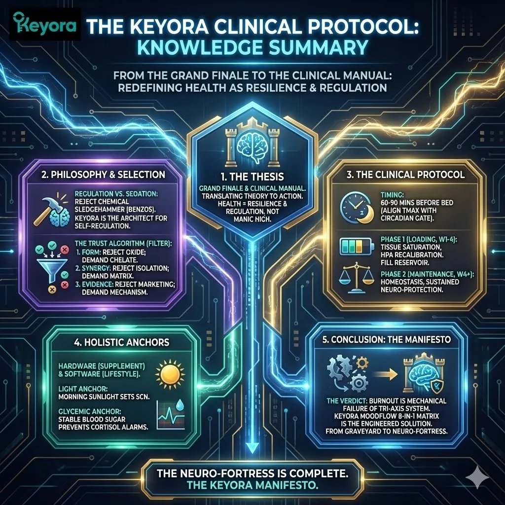 A high-density scientific editorial visual representing the Keyora Clinical Protocol as the ultimate manual for Systemic Regulation. The 3D schematic maps the transition from the Supplement Graveyard to the Neuro-Fortress using the Trust Algorithm logic gates. Hyper-realistic renders of the MoodFlow 8-in-1 Matrix illustrate the synchronization of pharmacokinetic Tmax with the circadian sleep gate. This architectural design integrates the Light and Glycemic Anchors to secure Axis II and III, ensuring ATP Synthesis and Neurological Sovereignty. The composition visualizes the Loading and Maintenance phases as a structural rebuilding of the Four-Drive System to achieve permanent Resilience. A high-density scientific editorial visual representing the Keyora Clinical Protocol as the ultimate manual for Systemic Regulation. The 3D schematic maps the transition from the Supplement Graveyard to the Neuro-Fortress using the Trust Algorithm logic gates. Hyper-realistic renders of the MoodFlow 8-in-1 Matrix illustrate the synchronization of pharmacokinetic Tmax with the circadian sleep gate. This architectural design integrates the Light and Glycemic Anchors to secure Axis II and III, ensuring ATP Synthesis and Neurological Sovereignty. The composition visualizes the Loading and Maintenance phases as a structural rebuilding of the Four-Drive System to achieve permanent Resilience.
