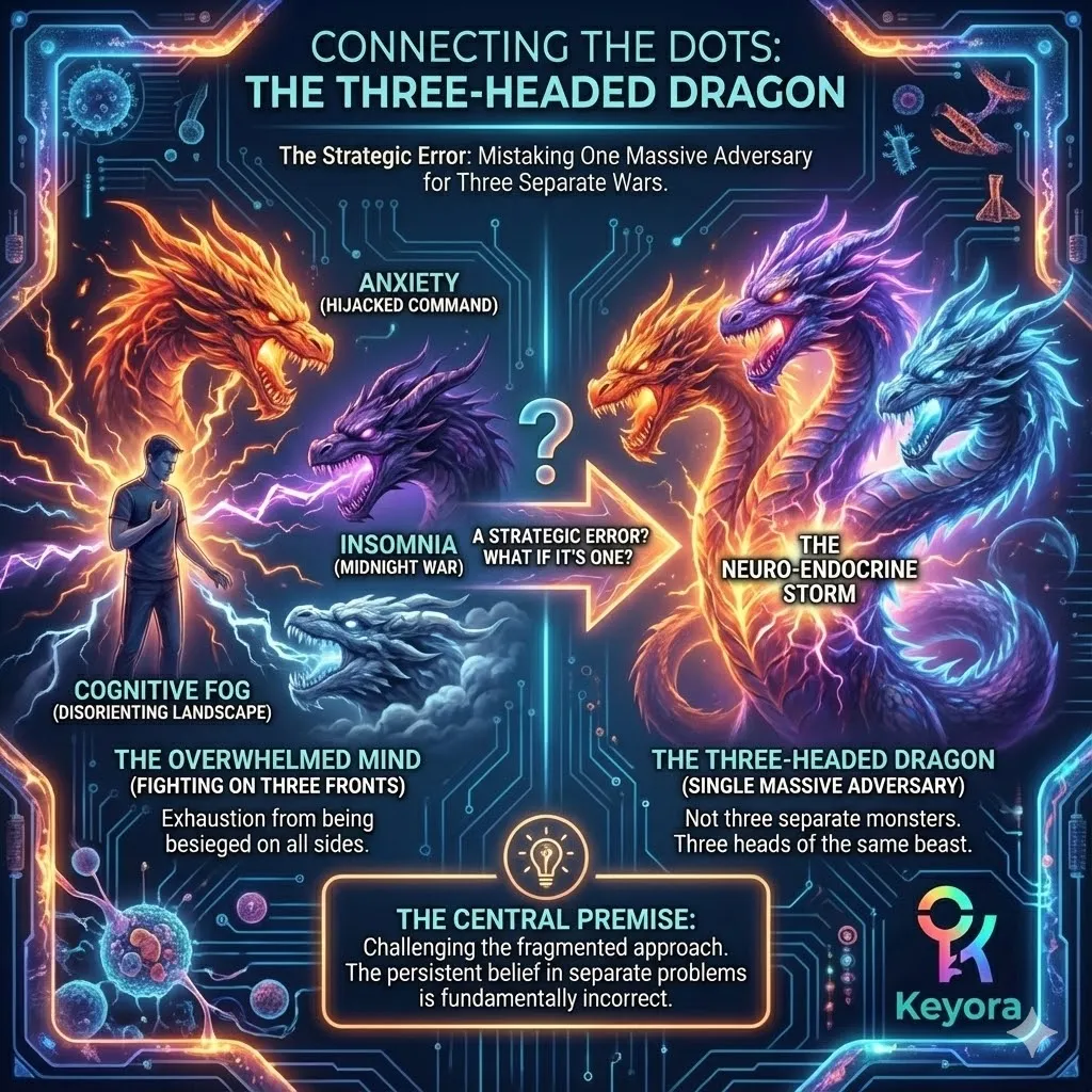 The "Three-Headed Dragon" serves as a strategic metaphor for the convergence of anxiety, insomnia, and cognitive fog. While these conditions often appear as isolated battlefields, the Keyora framework reveals them as interconnected symptoms of a singular systemic crisis. By moving beyond a fragmented approach, the narrative prepares for a unified counter-offensive. This shift in perception from multiple enemies to a single, three-headed adversary allows for a more efficient and targeted engineering strategy, where addressing the root metabolic failure simultaneously disarms all three fronts of the mental war. The "Three-Headed Dragon" serves as a strategic metaphor for the convergence of anxiety, insomnia, and cognitive fog. While these conditions often appear as isolated battlefields, the Keyora framework reveals them as interconnected symptoms of a singular systemic crisis. By moving beyond a fragmented approach, the narrative prepares for a unified counter-offensive. This shift in perception from multiple enemies to a single, three-headed adversary allows for a more efficient and targeted engineering strategy, where addressing the root metabolic failure simultaneously disarms all three fronts of the mental war.