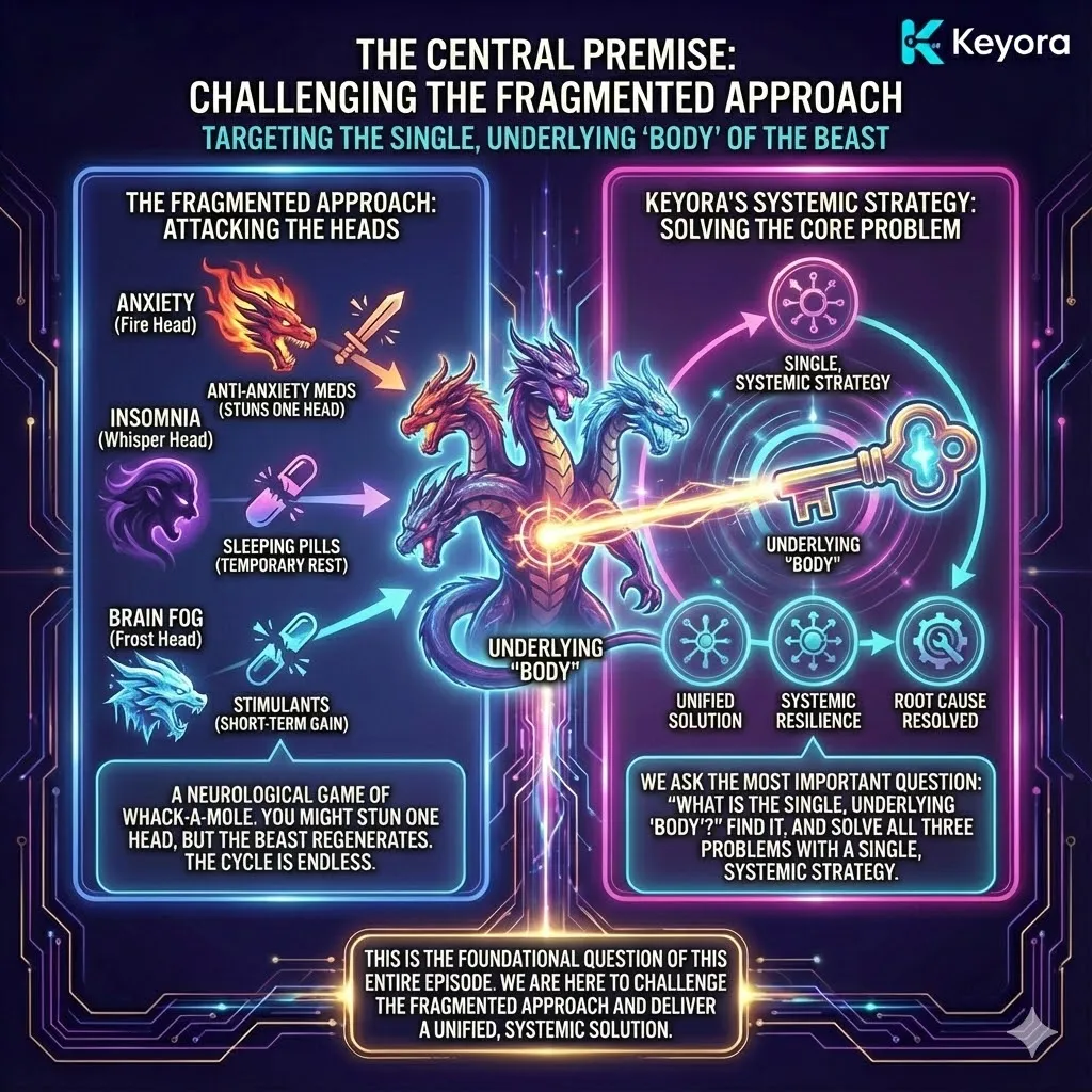 The "Three-Headed Dragon" concept challenges the fragmented "whack-a-mole" approach to mental health, where anxiety, insomnia, and brain fog are treated as isolated issues. Instead of using separate agents to mask individual symptoms, the Keyora framework identifies these conditions as three manifestations of a single, underlying systemic failure. By shifting the focus from the individual heads—anxiety’s fire, fog’s frost, and insomnia’s toxic lullaby—to the shared "body" of the beast, we can deploy a unified engineering strategy to resolve the root crisis and achieve total systemic restoration. The "Three-Headed Dragon" concept challenges the fragmented "whack-a-mole" approach to mental health, where anxiety, insomnia, and brain fog are treated as isolated issues. Instead of using separate agents to mask individual symptoms, the Keyora framework identifies these conditions as three manifestations of a single, underlying systemic failure. By shifting the focus from the individual heads—anxiety’s fire, fog’s frost, and insomnia’s toxic lullaby—to the shared "body" of the beast, we can deploy a unified engineering strategy to resolve the root crisis and achieve total systemic restoration.