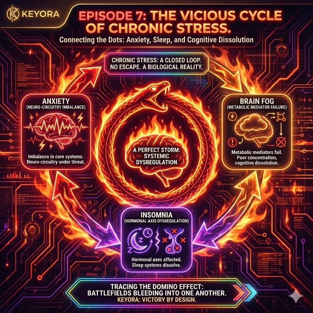 Episode 7 addresses the scientific consensus that chronic stress dissolves the boundaries between emotional, sleep, and cognitive systems. Citing McEwen (2017) and Li et al. (2023), the model describes a state of systemic dysregulation where neuro-circuitry, hormonal axes, and metabolic mediators become locked in a self-perpetuating loop. This biological reality proves that anxiety, insomnia, and brain fog are not isolated psychological issues but unified symptoms of a body pushed beyond its adaptive limits, marking the transition into a phase that traces the "domino effect" across these three domains. Episode 7 addresses the scientific consensus that chronic stress dissolves the boundaries between emotional, sleep, and cognitive systems. Citing McEwen (2017) and Li et al. (2023), the model describes a state of systemic dysregulation where neuro-circuitry, hormonal axes, and metabolic mediators become locked in a self-perpetuating loop. This biological reality proves that anxiety, insomnia, and brain fog are not isolated psychological issues but unified symptoms of a body pushed beyond its adaptive limits, marking the transition into a phase that traces the "domino effect" across these three domains.