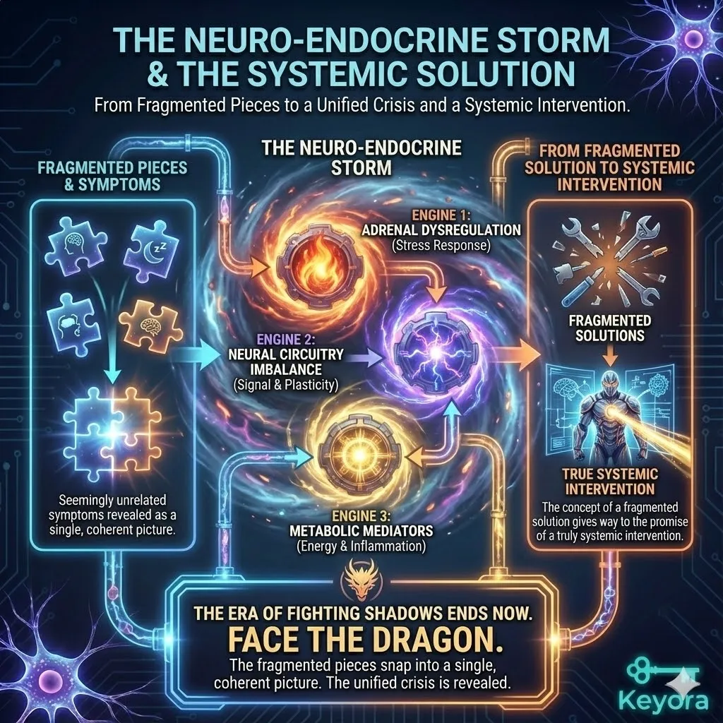 Episode 7 identifies the "Neuro-Endocrine Storm" as the unified source of systemic dysregulation. By exposing the three core engines that power this state—neuro-circuitry, hormonal axes, and metabolic mediators—the narrative moves toward a comprehensive deep dive into a true systemic regulator. This phase of the mission shifts from fighting fragmented symptoms to implementing a unified engineering strategy. It aims to snap the seemingly unrelated pieces of anxiety, insomnia, and fog into a single coherent picture, replacing "shadow-fighting" with a precise, systemic intervention designed to dismantle the storm's foundational architecture. Episode 7 identifies the "Neuro-Endocrine Storm" as the unified source of systemic dysregulation. By exposing the three core engines that power this state—neuro-circuitry, hormonal axes, and metabolic mediators—the narrative moves toward a comprehensive deep dive into a true systemic regulator. This phase of the mission shifts from fighting fragmented symptoms to implementing a unified engineering strategy. It aims to snap the seemingly unrelated pieces of anxiety, insomnia, and fog into a single coherent picture, replacing "shadow-fighting" with a precise, systemic intervention designed to dismantle the storm's foundational architecture.