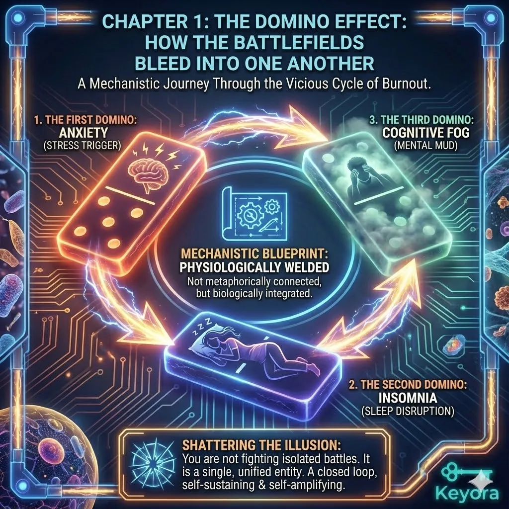 Chapter 1 provides a mechanistic blueprint of the "vicious cycle" linking anxiety, insomnia, and cognitive fog. It traces the biological chain of events where the collapse of one physiological domain guarantees the failure of the next, creating a self-sustaining and self-amplifying closed loop. By moving beyond isolated psychological explanations, this neurobiological analysis demonstrates how these symptoms are physiologically welded together. The objective is to reveal that individual struggles with stress, sleep, and clarity are not disconnected events but the unified output of a single, systemic failure. Chapter 1 provides a mechanistic blueprint of the "vicious cycle" linking anxiety, insomnia, and cognitive fog. It traces the biological chain of events where the collapse of one physiological domain guarantees the failure of the next, creating a self-sustaining and self-amplifying closed loop. By moving beyond isolated psychological explanations, this neurobiological analysis demonstrates how these symptoms are physiologically welded together. The objective is to reveal that individual struggles with stress, sleep, and clarity are not disconnected events but the unified output of a single, systemic failure.