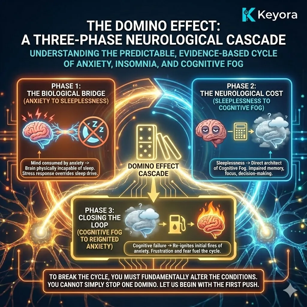 This chapter maps the three-phase biological cascade that sustains the Neuro-Endocrine Storm. Phase one establishes the neurochemical bridge between anxiety and sleep failure. Phase two details how sleep deprivation acts as the primary architect of cognitive fog through neurological resource depletion. Phase three closes the loop by demonstrating how cognitive failure triggers secondary anxiety, re-igniting the cycle. By tracing this evidence-based endocrine cascade, the analysis proves that breaking the loop requires more than stopping a single domino; it necessitates altering the systemic conditions that facilitate this self-amplifying failure. This chapter maps the three-phase biological cascade that sustains the Neuro-Endocrine Storm. Phase one establishes the neurochemical bridge between anxiety and sleep failure. Phase two details how sleep deprivation acts as the primary architect of cognitive fog through neurological resource depletion. Phase three closes the loop by demonstrating how cognitive failure triggers secondary anxiety, re-igniting the cycle. By tracing this evidence-based endocrine cascade, the analysis proves that breaking the loop requires more than stopping a single domino; it necessitates altering the systemic conditions that facilitate this self-amplifying failure.