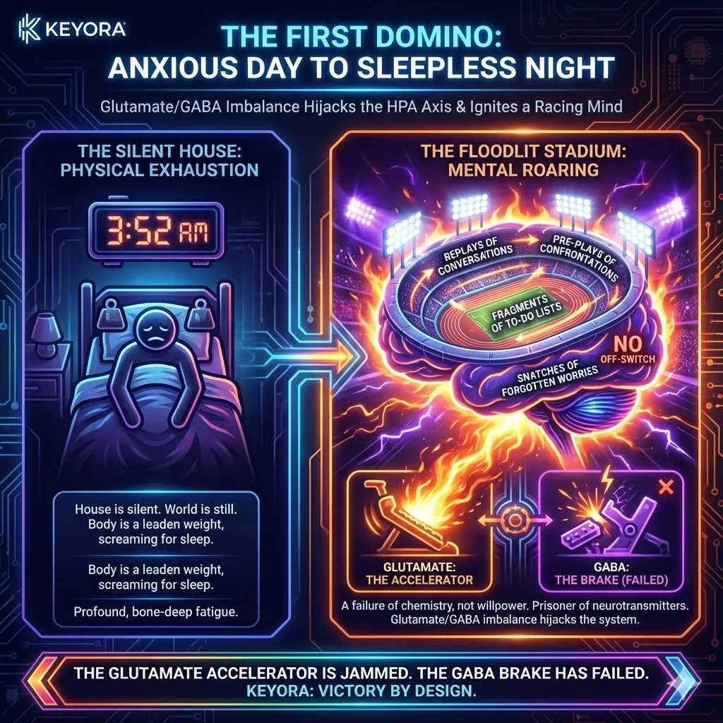 The first domino represents a fundamental neurochemical failure where glutamate-driven hyperexcitability overrides the GABA-mediated "off-switch" required for sleep. When the brain is trapped in this state, glutamate acts as a persistent accelerator, keeping the central nervous system in a state of floodlit hyper-arousal despite physical exhaustion. This biochemical imbalance hijacks the HPA axis, turning a silent bedroom into a "floodlit stadium" of racing thoughts. It is a failure of chemistry rather than willpower, where the lack of inhibitory GABA signals prevents the neuronal transition from a high-frequency active state to the restorative rhythms of deep sleep. The first domino represents a fundamental neurochemical failure where glutamate-driven hyperexcitability overrides the GABA-mediated "off-switch" required for sleep. When the brain is trapped in this state, glutamate acts as a persistent accelerator, keeping the central nervous system in a state of floodlit hyper-arousal despite physical exhaustion. This biochemical imbalance hijacks the HPA axis, turning a silent bedroom into a "floodlit stadium" of racing thoughts. It is a failure of chemistry rather than willpower, where the lack of inhibitory GABA signals prevents the neuronal transition from a high-frequency active state to the restorative rhythms of deep sleep.