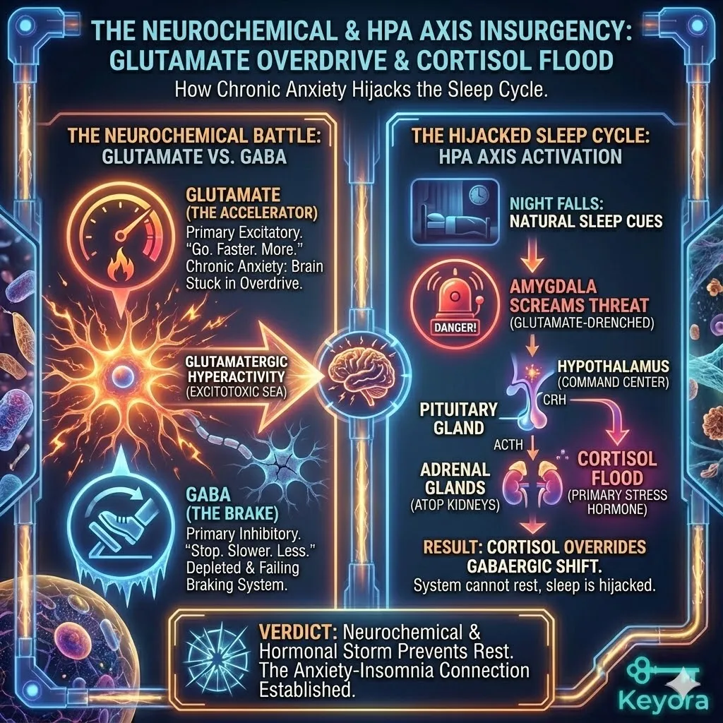 The transition to sleep is a chemical handoff from excitatory glutamate to inhibitory GABA. In the anxious brain, chronic stress causes the amygdala to maintain a state of "glutamatergic hyperactivity," pinning the neural accelerator to the floor. This chemical storm overrides sleep cues and hijacks the HPA axis. The hypothalamus, perceiving constant threat, triggers a hormonal cascade: CRH stimulates the pituitary to release ACTH, which signals the adrenal glands to flood the system with cortisol. This neuro-endocrine failure ensures the brain remains in a high-alert survival state, making the physiological transition to restorative sleep chemically impossible. The transition to sleep is a chemical handoff from excitatory glutamate to inhibitory GABA. In the anxious brain, chronic stress causes the amygdala to maintain a state of "glutamatergic hyperactivity," pinning the neural accelerator to the floor. This chemical storm overrides sleep cues and hijacks the HPA axis. The hypothalamus, perceiving constant threat, triggers a hormonal cascade: CRH stimulates the pituitary to release ACTH, which signals the adrenal glands to flood the system with cortisol. This neuro-endocrine failure ensures the brain remains in a high-alert survival state, making the physiological transition to restorative sleep chemically impossible.
