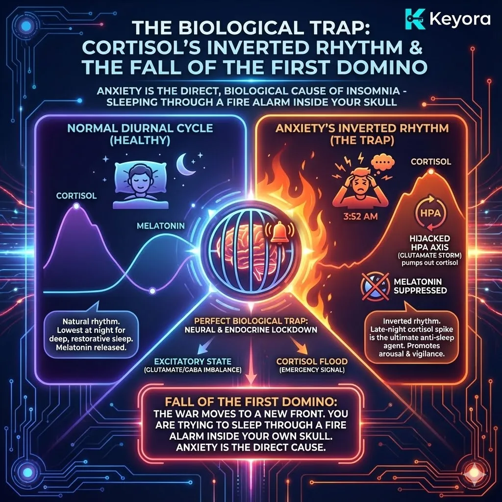 The first domino falls when the cortisol diurnal rhythm is inverted due to HPA axis dysregulation. Cortisol, the "hormone of wakefulness," should be at its nadir at night, but a glutamate-driven hijacked system triggers a late-night spike. This surge acts as a potent anti-sleep agent, promoting vigilance and suppressing melatonin secretion from the pineal gland. Consequently, the brain is caught in a biological trap: neural circuitry is locked in excitatory overdrive, and the endocrine system is in a state of emergency. This chemical reality creates a "fire alarm" effect, making sleep physiologically impossible regardless of physical exhaustion. The first domino falls when the cortisol diurnal rhythm is inverted due to HPA axis dysregulation. Cortisol, the "hormone of wakefulness," should be at its nadir at night, but a glutamate-driven hijacked system triggers a late-night spike. This surge acts as a potent anti-sleep agent, promoting vigilance and suppressing melatonin secretion from the pineal gland. Consequently, the brain is caught in a biological trap: neural circuitry is locked in excitatory overdrive, and the endocrine system is in a state of emergency. This chemical reality creates a "fire alarm" effect, making sleep physiologically impossible regardless of physical exhaustion.