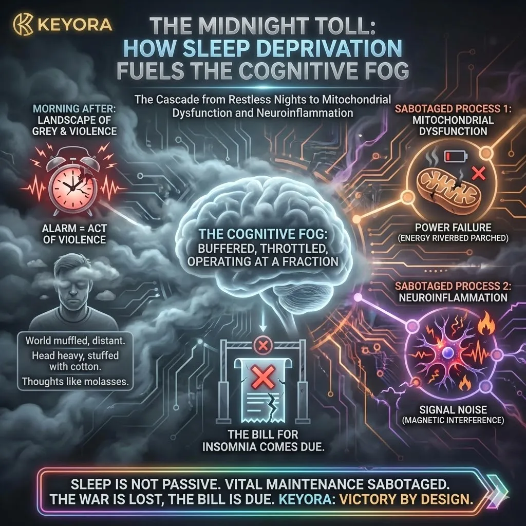 The "Midnight Toll" describes the cognitive fog resulting from the sabotage of critical neurological maintenance during insomnia. Sleep is not a passive state but an active period for two vital processes: glymphatic clearance and mitochondrial repair. When these systems are throttled by sleep deprivation, the brain is left in a state of metabolic bankruptcy, characterized by "molasses-like" thinking and heavy mental fatigue. This transition from a restless night to a muffled morning represents the second domino, where the failure of nocturnal cleanup directly causes the "buffered" cognitive performance experienced as brain fog. The "Midnight Toll" describes the cognitive fog resulting from the sabotage of critical neurological maintenance during insomnia. Sleep is not a passive state but an active period for two vital processes: glymphatic clearance and mitochondrial repair. When these systems are throttled by sleep deprivation, the brain is left in a state of metabolic bankruptcy, characterized by "molasses-like" thinking and heavy mental fatigue. This transition from a restless night to a muffled morning represents the second domino, where the failure of nocturnal cleanup directly causes the "buffered" cognitive performance experienced as brain fog.