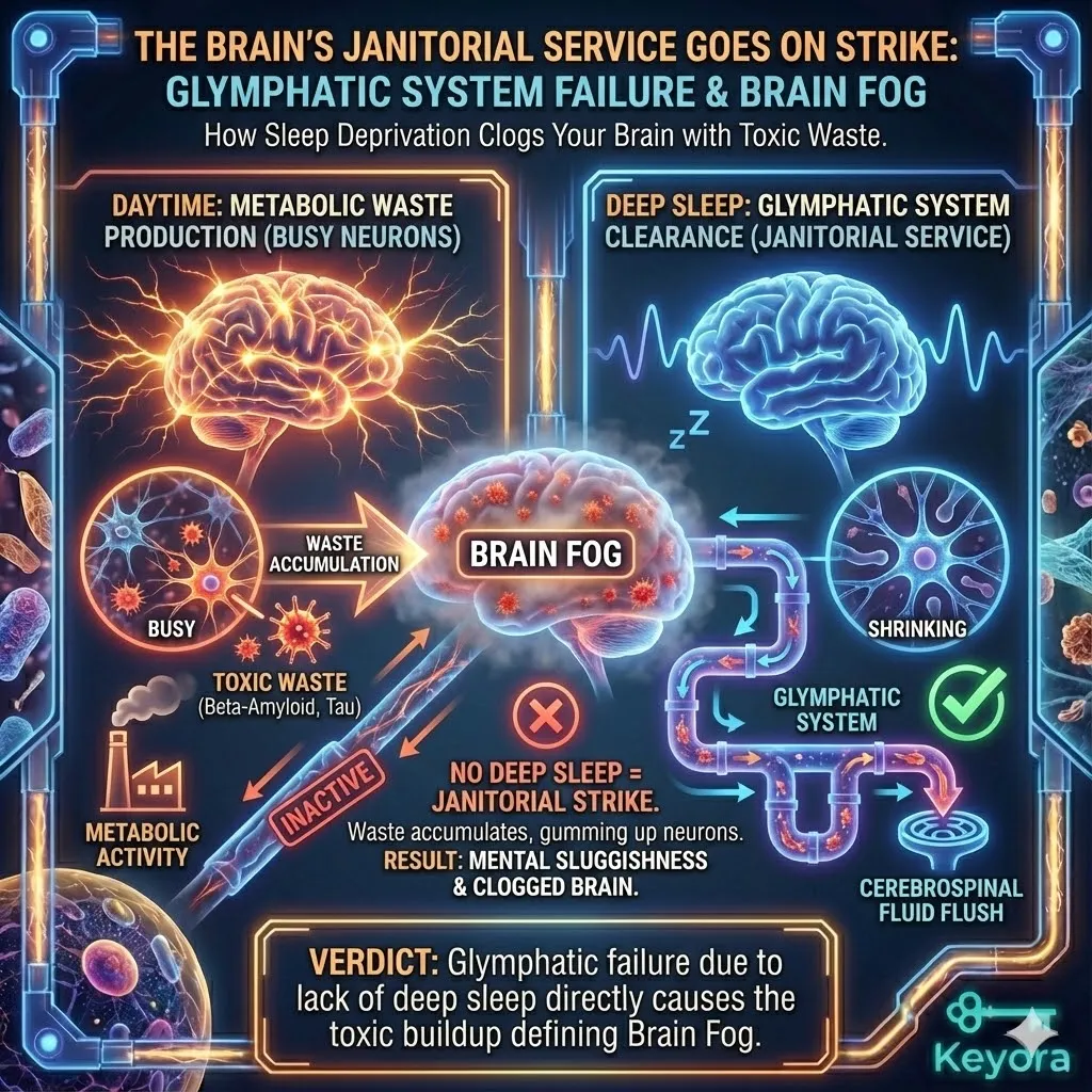 The first maintenance failure involves the glymphatic system, the brain’s dedicated waste clearance network. During deep, slow-wave sleep, interstitial space increases, allowing cerebrospinal fluid to flush out metabolic byproducts like beta-amyloid and tau proteins. Sleep deprivation causes this "janitorial service" to fail, leading to an accumulation of neurotoxic waste that physically obstructs neural communication. This metabolic clogging directly impairs processing speed and mental clarity, providing a structural explanation for the sluggishness and cognitive friction characteristic of brain fog. The first maintenance failure involves the glymphatic system, the brain’s dedicated waste clearance network. During deep, slow-wave sleep, interstitial space increases, allowing cerebrospinal fluid to flush out metabolic byproducts like beta-amyloid and tau proteins. Sleep deprivation causes this "janitorial service" to fail, leading to an accumulation of neurotoxic waste that physically obstructs neural communication. This metabolic clogging directly impairs processing speed and mental clarity, providing a structural explanation for the sluggishness and cognitive friction characteristic of brain fog.