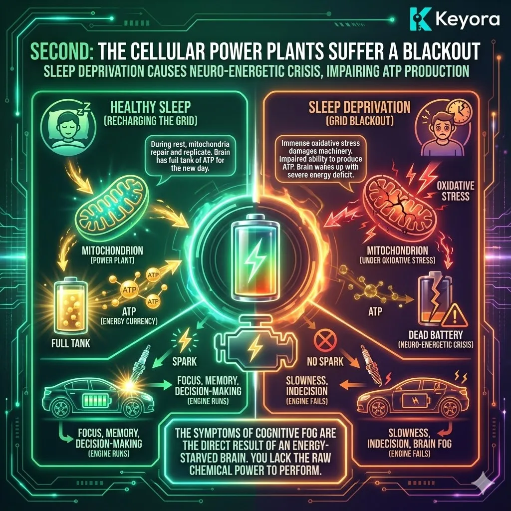 The second maintenance failure centers on mitochondrial exhaustion, where sleep deprivation induces a systemic "blackout" of the brain's energy grid. Under normal conditions, sleep is the primary period for the repair and replication of mitochondria, ensuring a sufficient supply of Adenosine Triphosphate (ATP) for cognitive function. Insomnia places these organelles under oxidative stress, damaging their machinery and causing a neuro-energetic crisis. This ATP deficit leaves the brain without the raw chemical power required for complex thought, resulting in the "dead battery" effect where the brain's desire to perform is thwarted by a lack of metabolic spark. The second maintenance failure centers on mitochondrial exhaustion, where sleep deprivation induces a systemic "blackout" of the brain's energy grid. Under normal conditions, sleep is the primary period for the repair and replication of mitochondria, ensuring a sufficient supply of Adenosine Triphosphate (ATP) for cognitive function. Insomnia places these organelles under oxidative stress, damaging their machinery and causing a neuro-energetic crisis. This ATP deficit leaves the brain without the raw chemical power required for complex thought, resulting in the "dead battery" effect where the brain's desire to perform is thwarted by a lack of metabolic spark.