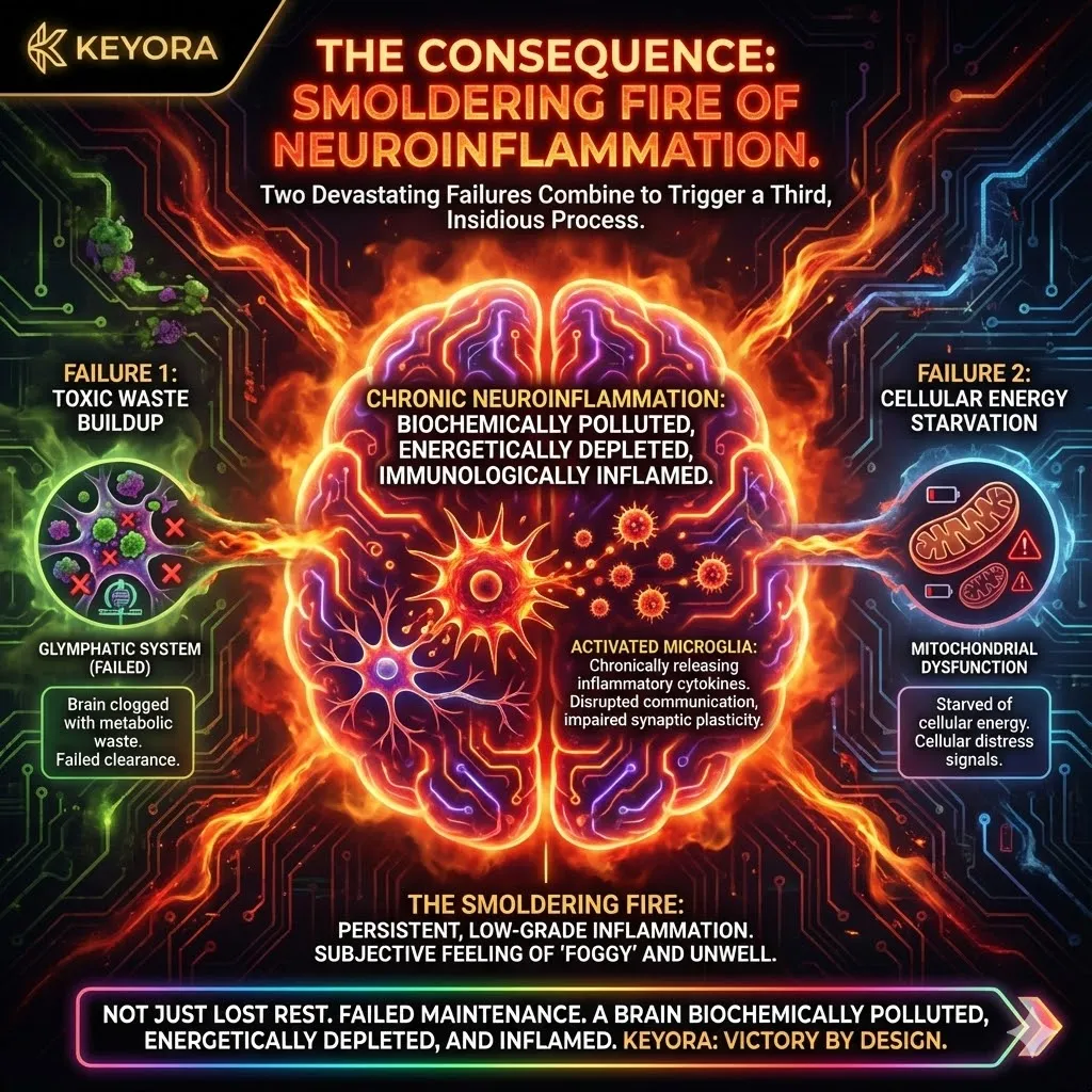 The combination of glymphatic failure and mitochondrial exhaustion triggers chronic neuroinflammation, where microglia—the brain's resident immune cells—shift into a persistent inflammatory state. These cells respond to the buildup of toxic proteins and cellular distress by releasing pro-inflammatory cytokines, creating a "smoldering fire" in the neural environment. This state disrupts synaptic plasticity and neuronal communication, providing the immunological basis for cognitive fog. The result is a brain that is biochemically polluted and energetically depleted, transforming a simple night of lost sleep into a profound state of cellular dysfunction. The combination of glymphatic failure and mitochondrial exhaustion triggers chronic neuroinflammation, where microglia—the brain's resident immune cells—shift into a persistent inflammatory state. These cells respond to the buildup of toxic proteins and cellular distress by releasing pro-inflammatory cytokines, creating a "smoldering fire" in the neural environment. This state disrupts synaptic plasticity and neuronal communication, providing the immunological basis for cognitive fog. The result is a brain that is biochemically polluted and energetically depleted, transforming a simple night of lost sleep into a profound state of cellular dysfunction.