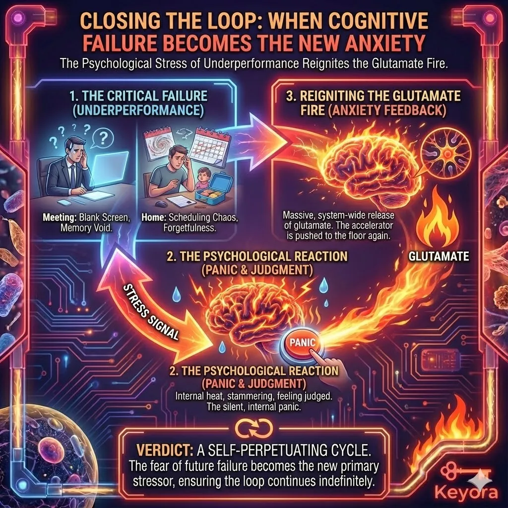 The final phase of the cycle demonstrates how cognitive failure acts as a secondary stressor to reignite the Neuro-Endocrine Storm. When a "foggy" brain fails to meet professional or personal expectations—manifesting as memory voids, indecisiveness, or logistical errors—the experience triggers an acute psychological stress response. This social and cognitive underperformance is perceived by the brain as a new threat, stimulating the amygdala and causing a fresh surge of glutamate. This "feedback loop of failure" ensures that the cognitive symptoms of the previous night's insomnia become the primary fuel for the next day's anxiety. The final phase of the cycle demonstrates how cognitive failure acts as a secondary stressor to reignite the Neuro-Endocrine Storm. When a "foggy" brain fails to meet professional or personal expectations—manifesting as memory voids, indecisiveness, or logistical errors—the experience triggers an acute psychological stress response. This social and cognitive underperformance is perceived by the brain as a new threat, stimulating the amygdala and causing a fresh surge of glutamate. This "feedback loop of failure" ensures that the cognitive symptoms of the previous night's insomnia become the primary fuel for the next day's anxiety.