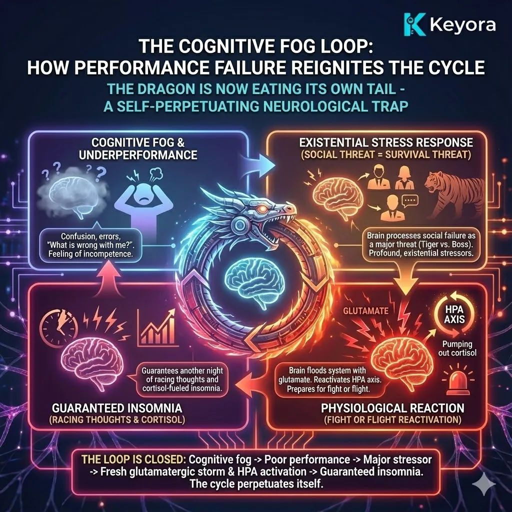 The final link in the cycle occurs when the brain transduces the psychological stress of cognitive failure back into physiological reality. Ancient neural structures do not distinguish between survival threats and social incompetence; thus, a memory lapse or poor performance triggers the same survival circuitry. This perceived "existential threat" reactivates the amygdala, prompting a fresh surge of glutamate and HPA axis stimulation. The cognitive fog of the day becomes the direct fuel for the night's racing thoughts, closing the loop. The "dragon eating its own tail" illustrates a self-perpetuating system where the results of dysfunction become the triggers for its continued existence. The final link in the cycle occurs when the brain transduces the psychological stress of cognitive failure back into physiological reality. Ancient neural structures do not distinguish between survival threats and social incompetence; thus, a memory lapse or poor performance triggers the same survival circuitry. This perceived "existential threat" reactivates the amygdala, prompting a fresh surge of glutamate and HPA axis stimulation. The cognitive fog of the day becomes the direct fuel for the night's racing thoughts, closing the loop. The "dragon eating its own tail" illustrates a self-perpetuating system where the results of dysfunction become the triggers for its continued existence.