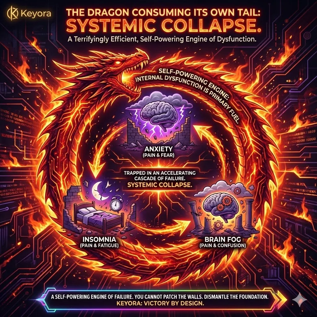 The "dragon eating its own tail" represents a state of systemic collapse where the internal consequences of neurological dysfunction become self-powering fuel. The system no longer requires external stressors; instead, the anxiety-insomnia-fog triad operates as an accelerating cascade of failure. In this state, patching individual symptoms is ineffective because each collapse reinforces the others. To dismantle this fortress of dysfunction, one must move beyond treating isolated symptoms and instead address the faulty metabolic and endocrine foundations that allow the entire cycle of failure to persist. The "dragon eating its own tail" represents a state of systemic collapse where the internal consequences of neurological dysfunction become self-powering fuel. The system no longer requires external stressors; instead, the anxiety-insomnia-fog triad operates as an accelerating cascade of failure. In this state, patching individual symptoms is ineffective because each collapse reinforces the others. To dismantle this fortress of dysfunction, one must move beyond treating isolated symptoms and instead address the faulty metabolic and endocrine foundations that allow the entire cycle of failure to persist.
