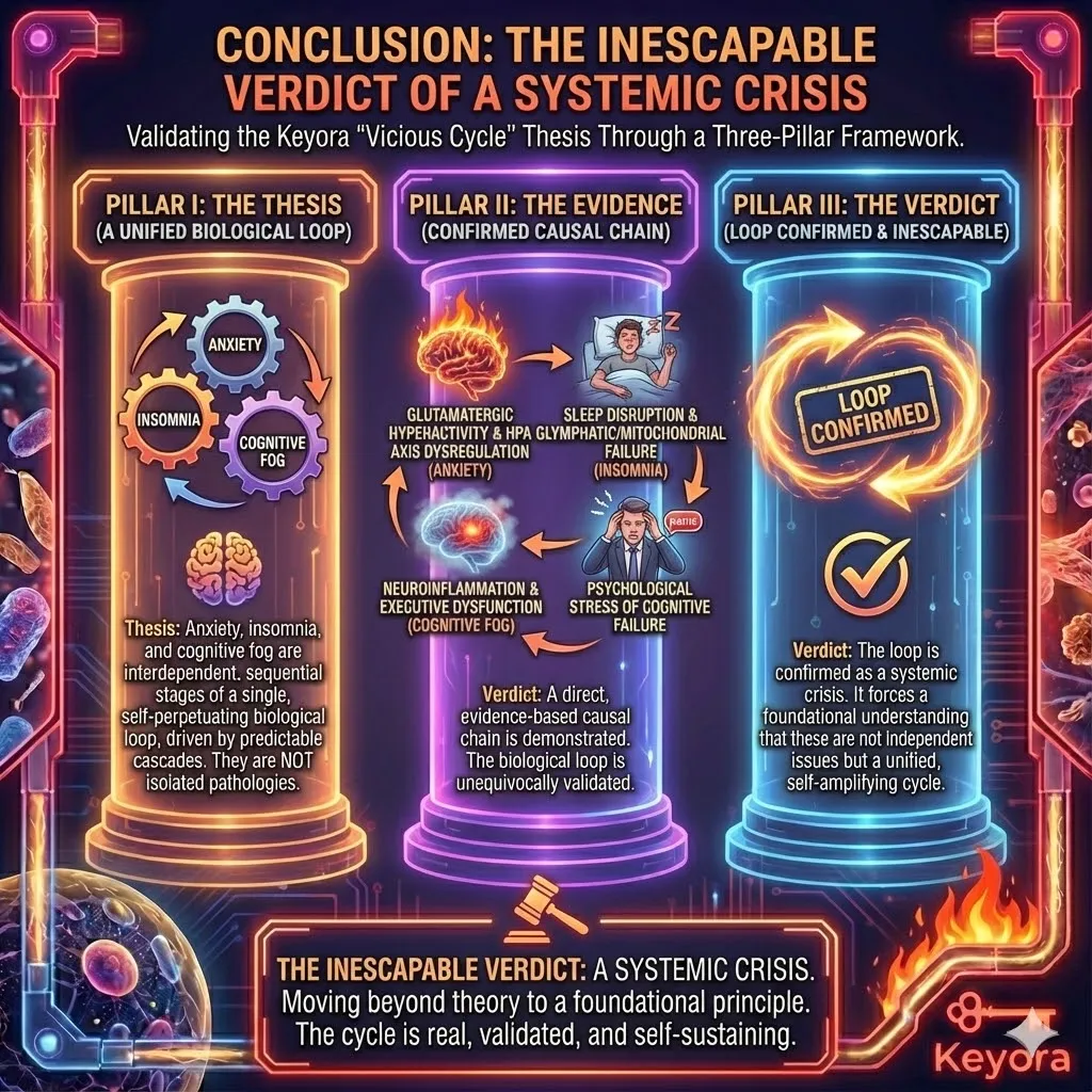 Pillar I confirms the Keyora Vicious Cycle Thesis, establishing that anxiety, insomnia, and cognitive fog are interdependent stages of a single biological loop. The mechanistic evidence validates a causal chain where glutamatergic hyperactivity and HPA axis dysregulation drive sleep failure. This insomnia subsequently sabotages glymphatic clearance and mitochondrial energy production, inducing neuroinflammation and cognitive fog. Finally, the stress of cognitive underperformance re-ignites the initial glutamatergic surge, completing a self-perpetuating loop. The verdict proves that these symptoms are not isolated pathologies but a unified, evidence-based cascade of systemic failure. Pillar I confirms the Keyora Vicious Cycle Thesis, establishing that anxiety, insomnia, and cognitive fog are interdependent stages of a single biological loop. The mechanistic evidence validates a causal chain where glutamatergic hyperactivity and HPA axis dysregulation drive sleep failure. This insomnia subsequently sabotages glymphatic clearance and mitochondrial energy production, inducing neuroinflammation and cognitive fog. Finally, the stress of cognitive underperformance re-ignites the initial glutamatergic surge, completing a self-perpetuating loop. The verdict proves that these symptoms are not isolated pathologies but a unified, evidence-based cascade of systemic failure.