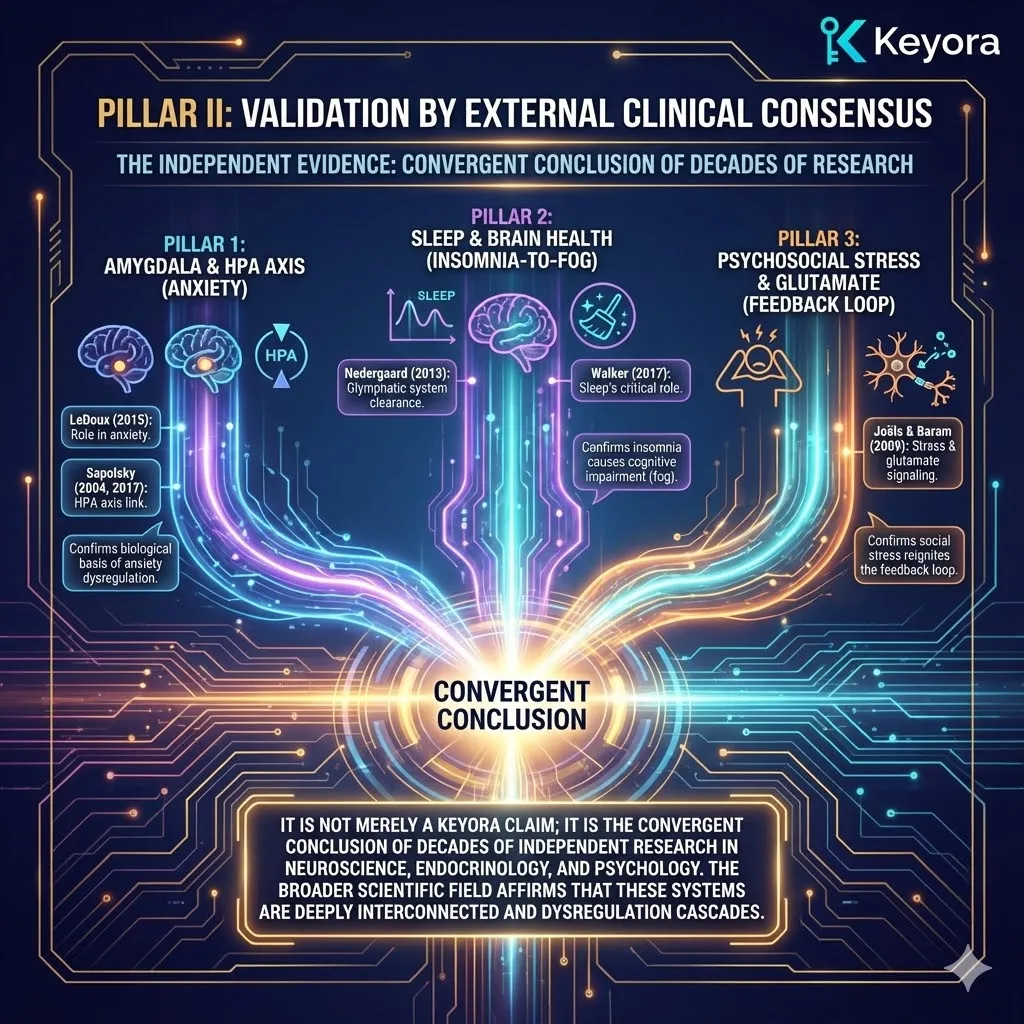 Pillar II validates the Vicious Cycle through a convergence of external clinical consensuses across neuroscience, endocrinology, and psychology. The direct link between amygdala-driven hyper-arousal and HPA axis dysfunction is anchored in the foundational work of LeDoux and Sapolsky. Simultaneously, the transition from sleep failure to cognitive impairment is confirmed by Nedergaard’s discovery of glymphatic clearance and Walker’s research on metabolic brain health. Finally, the feedback loop where psychosocial stress triggers glutamatergic surges is validated by Joëls and Baram. This multi-disciplinary evidence confirms that these systems are physiologically inseparable. Pillar II validates the Vicious Cycle through a convergence of external clinical consensuses across neuroscience, endocrinology, and psychology. The direct link between amygdala-driven hyper-arousal and HPA axis dysfunction is anchored in the foundational work of LeDoux and Sapolsky. Simultaneously, the transition from sleep failure to cognitive impairment is confirmed by Nedergaard’s discovery of glymphatic clearance and Walker’s research on metabolic brain health. Finally, the feedback loop where psychosocial stress triggers glutamatergic surges is validated by Joëls and Baram. This multi-disciplinary evidence confirms that these systems are physiologically inseparable.