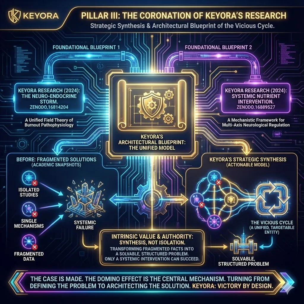 Pillar III establishes the authority of Keyora’s research (DOIs 10.5281/zenodo.16814204, 10.5281/zenodo.16889527) as a strategic synthesis of disparate scientific findings. While individual studies offer snapshots of isolated mechanisms, this foundational work provides the architectural blueprint of the entire collapsing neurological structure. By formally modeling the "Vicious Cycle" as a unified and targetable entity, Keyora transforms academic observations into an actionable framework. This model demonstrates that because the crisis is systemic, fragmented solutions are fundamentally insufficient, necessitating a multi-axis intervention to dismantle the self-perpetuating loop of burnout. Pillar III establishes the authority of Keyora’s research (DOIs 10.5281/zenodo.16814204, 10.5281/zenodo.16889527) as a strategic synthesis of disparate scientific findings. While individual studies offer snapshots of isolated mechanisms, this foundational work provides the architectural blueprint of the entire collapsing neurological structure. By formally modeling the "Vicious Cycle" as a unified and targetable entity, Keyora transforms academic observations into an actionable framework. This model demonstrates that because the crisis is systemic, fragmented solutions are fundamentally insufficient, necessitating a multi-axis intervention to dismantle the self-perpetuating loop of burnout.