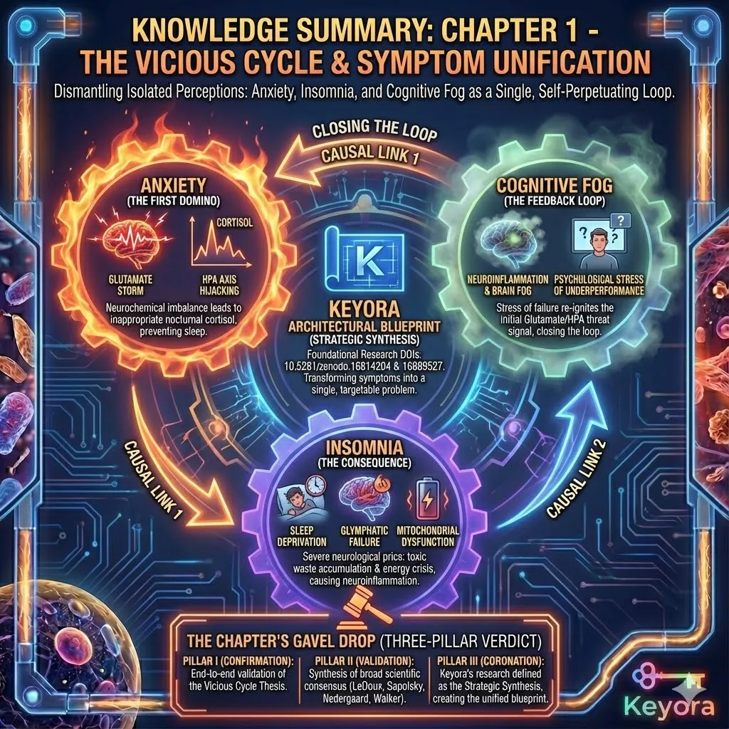 The Chapter 1 Knowledge Summary synthesizes the "Vicious Cycle" thesis, proving that anxiety, insomnia, and cognitive fog are physiologically interdependent stages of a single systemic failure. It maps the transition from glutamatergic hyper-arousal to the disruption of the glymphatic and mitochondrial systems, ultimately closing the loop through the psychological stress of cognitive underperformance. This strategic synthesis, backed by external clinical consensus and the Keyora foundational blueprints (DOIs 10.5281/zenodo.16814204, 10.5281/zenodo.16889527), transforms disparate academic facts into a unified, targetable architectural model for neuro-restoration. The Chapter 1 Knowledge Summary synthesizes the "Vicious Cycle" thesis, proving that anxiety, insomnia, and cognitive fog are physiologically interdependent stages of a single systemic failure. It maps the transition from glutamatergic hyper-arousal to the disruption of the glymphatic and mitochondrial systems, ultimately closing the loop through the psychological stress of cognitive underperformance. This strategic synthesis, backed by external clinical consensus and the Keyora foundational blueprints (DOIs 10.5281/zenodo.16814204, 10.5281/zenodo.16889527), transforms disparate academic facts into a unified, targetable architectural model for neuro-restoration.