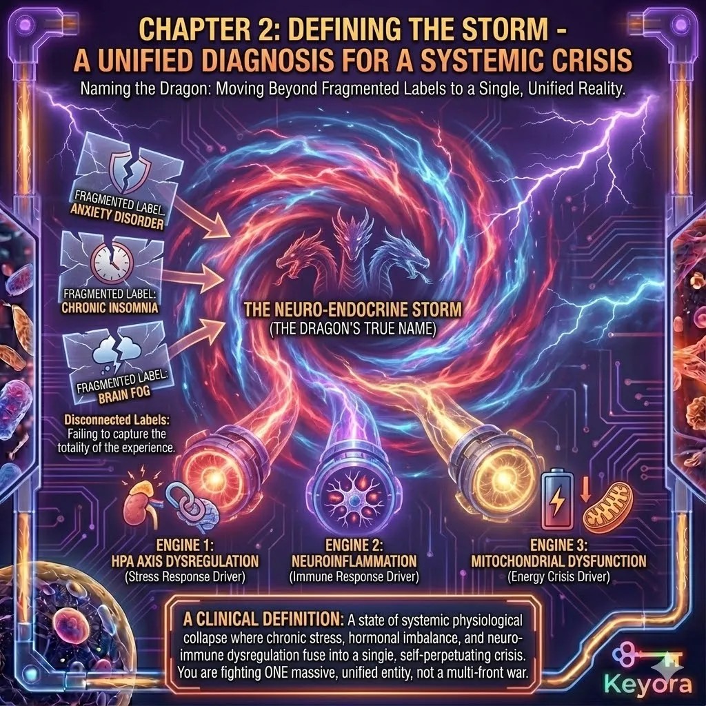 Chapter 2 defines the "Neuro-Endocrine Storm" as the formal diagnosis for the systemic collapse previously modeled as the "Three-Headed Dragon." This term moves beyond fragmented labels—such as isolated anxiety or insomnia—to describe a single, unified physiological event. By providing a clinically precise name for this state of systemic dysregulation, the Keyora framework shifts the strategic focus from managing a collection of separate problems to addressing a singular, massive crisis. This unification of language is the first step in moving from a fractured understanding to a targeted, systemic solution that addresses the totality of the burnout experience. Chapter 2 defines the "Neuro-Endocrine Storm" as the formal diagnosis for the systemic collapse previously modeled as the "Three-Headed Dragon." This term moves beyond fragmented labels—such as isolated anxiety or insomnia—to describe a single, unified physiological event. By providing a clinically precise name for this state of systemic dysregulation, the Keyora framework shifts the strategic focus from managing a collection of separate problems to addressing a singular, massive crisis. This unification of language is the first step in moving from a fractured understanding to a targeted, systemic solution that addresses the totality of the burnout experience.
