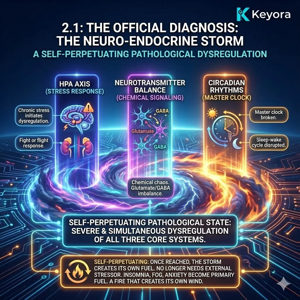 The "Neuro-Endocrine Storm" is defined as a self-perpetuating, pathological state where the HPA axis, neurotransmitter balance, and circadian rhythms undergo simultaneous and severe dysregulation. The term "Self-Perpetuating" is clinically critical; it signifies that the storm has reached a threshold where it no longer depends on external triggers. Instead, the internal metabolic and psychological consequences of the cycle—such as the anxiety caused by cognitive underperformance—act as a continuous fuel source. This transition explains the inability to "bounce back" after stress resolves, as the system has shifted into a state of internal, self-sustaining failure. The "Neuro-Endocrine Storm" is defined as a self-perpetuating, pathological state where the HPA axis, neurotransmitter balance, and circadian rhythms undergo simultaneous and severe dysregulation. The term "Self-Perpetuating" is clinically critical; it signifies that the storm has reached a threshold where it no longer depends on external triggers. Instead, the internal metabolic and psychological consequences of the cycle—such as the anxiety caused by cognitive underperformance—act as a continuous fuel source. This transition explains the inability to "bounce back" after stress resolves, as the system has shifted into a state of internal, self-sustaining failure.
