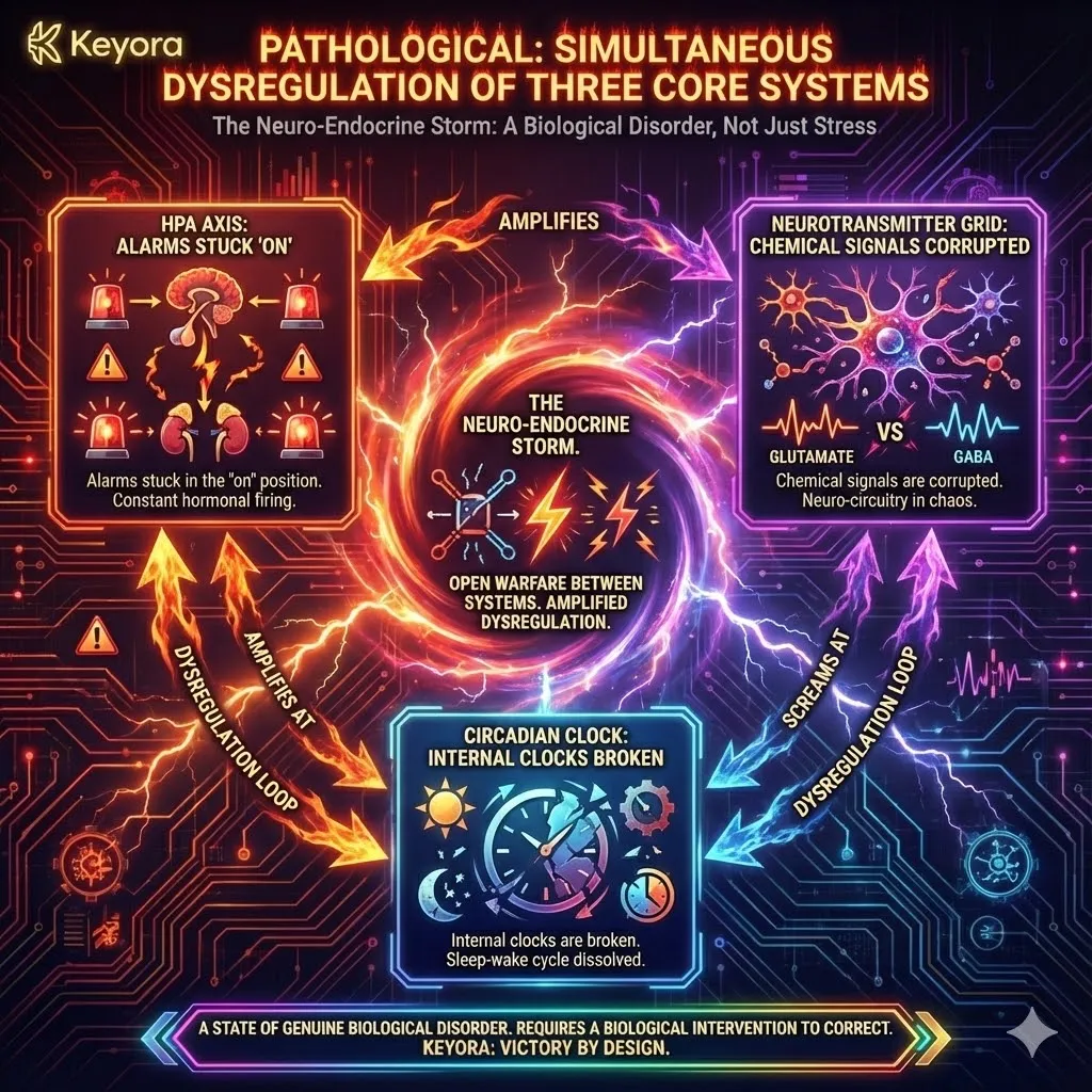 The "Pathological" nature of the Neuro-Endocrine Storm distinguishes it from normal stress; it is a genuine biological disorder where homeostatic alarms are stuck "on" and internal signaling is corrupted. The "Simultaneous Dysregulation" highlights the collapse of communication between the HPA axis, the neurotransmitter grid, and the circadian clock. Instead of a coordinated symphony, these systems enter a state of open warfare, where the dysfunction of one system actively amplifies the failure of the others. This diagnosis confirms that the crisis is a multi-system communication breakdown requiring a unified biological intervention rather than fragmented symptom management. The "Pathological" nature of the Neuro-Endocrine Storm distinguishes it from normal stress; it is a genuine biological disorder where homeostatic alarms are stuck "on" and internal signaling is corrupted. The "Simultaneous Dysregulation" highlights the collapse of communication between the HPA axis, the neurotransmitter grid, and the circadian clock. Instead of a coordinated symphony, these systems enter a state of open warfare, where the dysfunction of one system actively amplifies the failure of the others. This diagnosis confirms that the crisis is a multi-system communication breakdown requiring a unified biological intervention rather than fragmented symptom management.