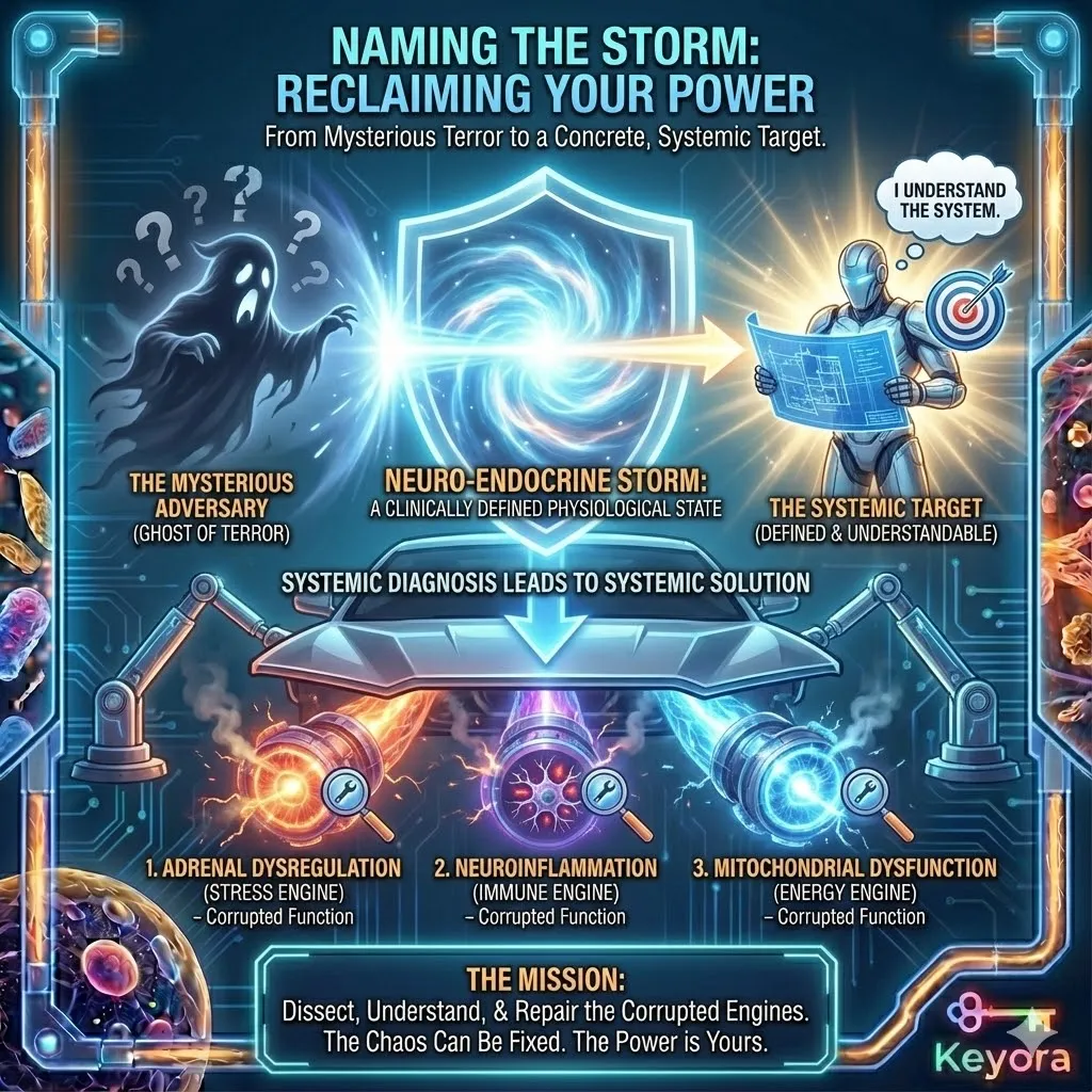 Defining the "Neuro-Endocrine Storm" transforms an amorphous collection of symptoms into a concrete, evidence-based target. By naming the adversary, the individual shifts from a state of reactive "ghost-hunting" to a strategic engineering mindset. This diagnostic transition allows for the identification of a systemic solution rather than fragmented symptom management. The narrative now shifts to a mechanical dissection of the three core engines—the neuro-circuitry, hormonal axes, and metabolic mediators—to reveal how their healthy physiological functions have been corrupted into the self-sustaining drivers of the storm. Defining the "Neuro-Endocrine Storm" transforms an amorphous collection of symptoms into a concrete, evidence-based target. By naming the adversary, the individual shifts from a state of reactive "ghost-hunting" to a strategic engineering mindset. This diagnostic transition allows for the identification of a systemic solution rather than fragmented symptom management. The narrative now shifts to a mechanical dissection of the three core engines—the neuro-circuitry, hormonal axes, and metabolic mediators—to reveal how their healthy physiological functions have been corrupted into the self-sustaining drivers of the storm.