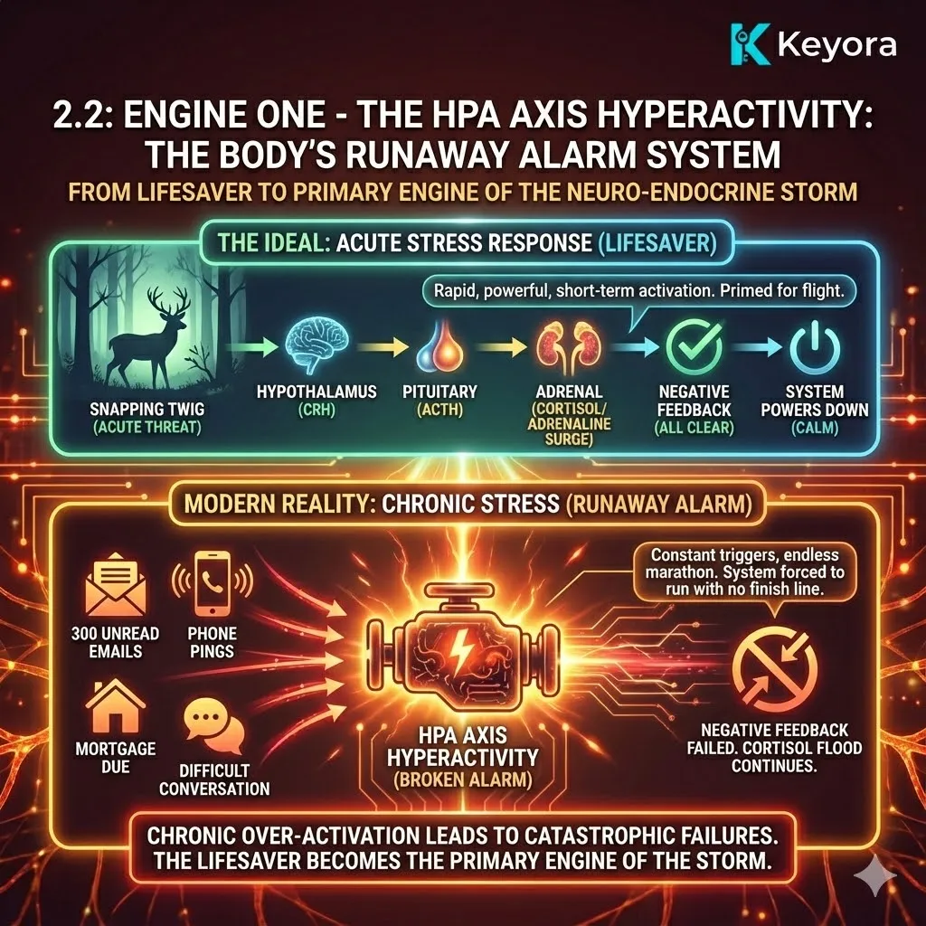 The first engine of the Neuro-Endocrine Storm is the HPA axis, an evolutionary survival circuit designed for acute "fight or flight" responses. In healthy function, a negative feedback loop ensures the system deactivates once the threat passes. However, modern chronic stress—driven by relentless digital and financial pressures—forces this ancient system into a permanent "on" state. This transition from a short-term sprint to an endless marathon causes the HPA axis to malfunction, shifting from a life-saving mobilization mechanism into a primary driver of systemic pathological dysregulation. The first engine of the Neuro-Endocrine Storm is the HPA axis, an evolutionary survival circuit designed for acute "fight or flight" responses. In healthy function, a negative feedback loop ensures the system deactivates once the threat passes. However, modern chronic stress—driven by relentless digital and financial pressures—forces this ancient system into a permanent "on" state. This transition from a short-term sprint to an endless marathon causes the HPA axis to malfunction, shifting from a life-saving mobilization mechanism into a primary driver of systemic pathological dysregulation.