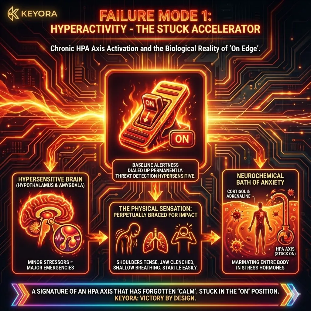 Failure Mode 1 involves the chronic hyperactivity of the HPA axis, where the amygdala and hypothalamus remain in a state of permanent hypersensitivity. This "stuck accelerator" elevates the physiological baseline for threat detection, causing minor stressors to trigger disproportionate emergency responses. The result is a persistent "on edge" sensation characterized by muscular tension and shallow breathing. This state forces the body into a continuous neurochemical bath of stress hormones, effectively erasing the system's ability to return to a calm homeostatic baseline and providing the biological foundation for generalized anxiety. Failure Mode 1 involves the chronic hyperactivity of the HPA axis, where the amygdala and hypothalamus remain in a state of permanent hypersensitivity. This "stuck accelerator" elevates the physiological baseline for threat detection, causing minor stressors to trigger disproportionate emergency responses. The result is a persistent "on edge" sensation characterized by muscular tension and shallow breathing. This state forces the body into a continuous neurochemical bath of stress hormones, effectively erasing the system's ability to return to a calm homeostatic baseline and providing the biological foundation for generalized anxiety.