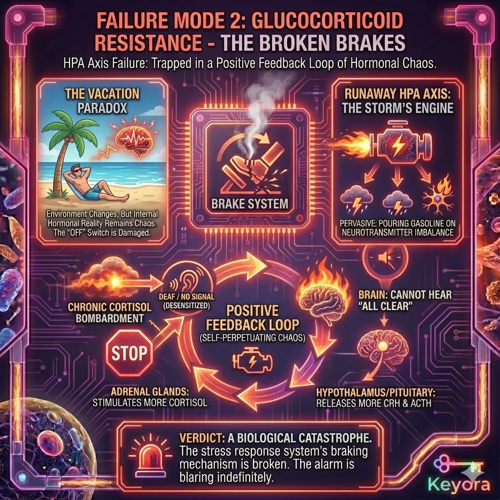 Failure Mode 2 is Glucocorticoid Resistance, a state where chronic cortisol exposure causes the brain's glucocorticoid receptors to become desensitized. This "deafness" to feedback signals effectively destroys the stress response's braking system. Without a functional "off-switch," the brain continuously perceives threat and maintains a high-alert hormonal output, even in the absence of external stressors. This biological catastrophe creates a positive feedback loop that maintains systemic distress regardless of environment, fueling the pervasive anxiety and sleep disruption that define the Neuro-Endocrine Storm. Failure Mode 2 is Glucocorticoid Resistance, a state where chronic cortisol exposure causes the brain's glucocorticoid receptors to become desensitized. This "deafness" to feedback signals effectively destroys the stress response's braking system. Without a functional "off-switch," the brain continuously perceives threat and maintains a high-alert hormonal output, even in the absence of external stressors. This biological catastrophe creates a positive feedback loop that maintains systemic distress regardless of environment, fueling the pervasive anxiety and sleep disruption that define the Neuro-Endocrine Storm.