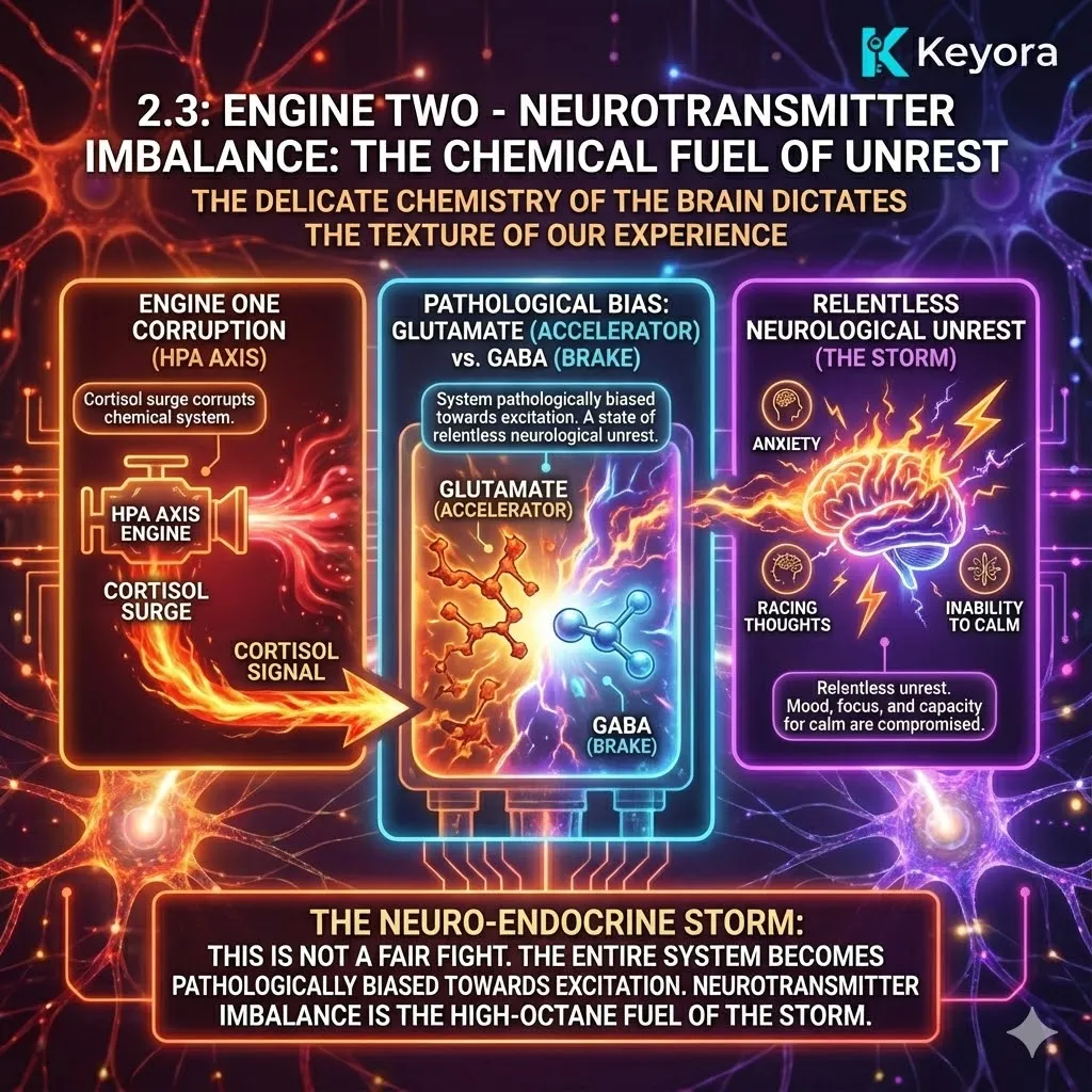 Engine Two defines neurotransmitter imbalance as the "high-octane fuel" of the Neuro-Endocrine Storm, where the brain becomes pathologically biased toward excitation. While the HPA axis provides systemic force, the texture of the burnout experience is dictated by the collapse of the Glutamate-GABA equilibrium. Under the influence of chronic HPA axis activation, the brain's primary inhibitory "brake" (GABA) is overwhelmed by the primary excitatory "accelerator" (Glutamate). This chemical corruption ensures that the nervous system remains in a state of relentless neurological unrest, transforming systemic stress into the specific, localized sensations of racing thoughts and emotional volatility. Engine Two defines neurotransmitter imbalance as the "high-octane fuel" of the Neuro-Endocrine Storm, where the brain becomes pathologically biased toward excitation. While the HPA axis provides systemic force, the texture of the burnout experience is dictated by the collapse of the Glutamate-GABA equilibrium. Under the influence of chronic HPA axis activation, the brain's primary inhibitory "brake" (GABA) is overwhelmed by the primary excitatory "accelerator" (Glutamate). This chemical corruption ensures that the nervous system remains in a state of relentless neurological unrest, transforming systemic stress into the specific, localized sensations of racing thoughts and emotional volatility.