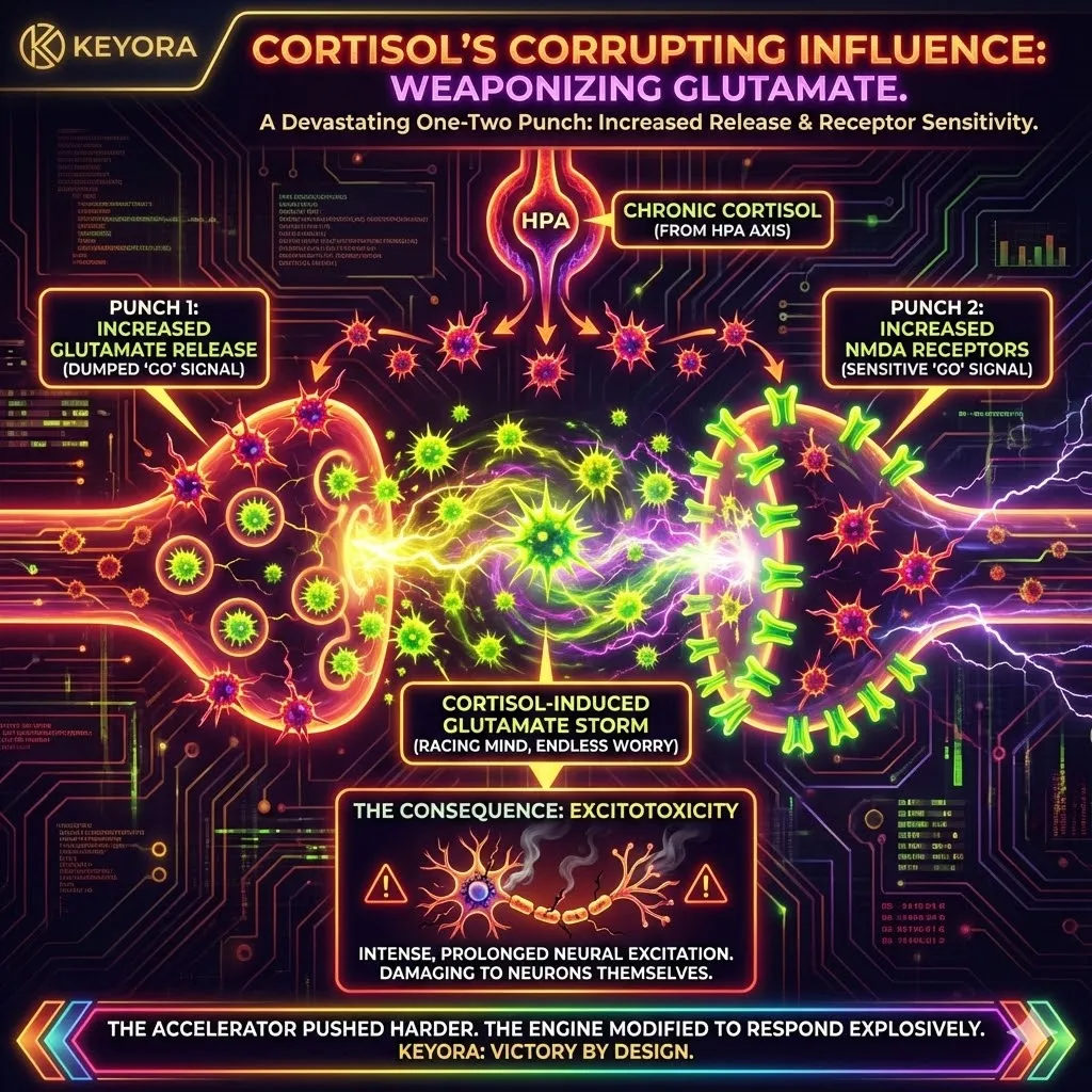 Cortisol acts as a potent catalyst that weaponizes the glutamate system by simultaneously increasing glutamate release and upregulating NMDA receptor sensitivity. This dual mechanism ensures that the brain's "accelerator" is not only pushed harder but also calibrated to respond more explosively to excitatory signals. This cortisol-induced "glutamate storm" provides the biological basis for the racing mind and persistent worry loops. When this state becomes chronic, it transitions into neurochemical excitotoxicity, where the intensity of neural firing ceases to be functional and begins to threaten the structural integrity of the neurons themselves. Cortisol acts as a potent catalyst that weaponizes the glutamate system by simultaneously increasing glutamate release and upregulating NMDA receptor sensitivity. This dual mechanism ensures that the brain's "accelerator" is not only pushed harder but also calibrated to respond more explosively to excitatory signals. This cortisol-induced "glutamate storm" provides the biological basis for the racing mind and persistent worry loops. When this state becomes chronic, it transitions into neurochemical excitotoxicity, where the intensity of neural firing ceases to be functional and begins to threaten the structural integrity of the neurons themselves.