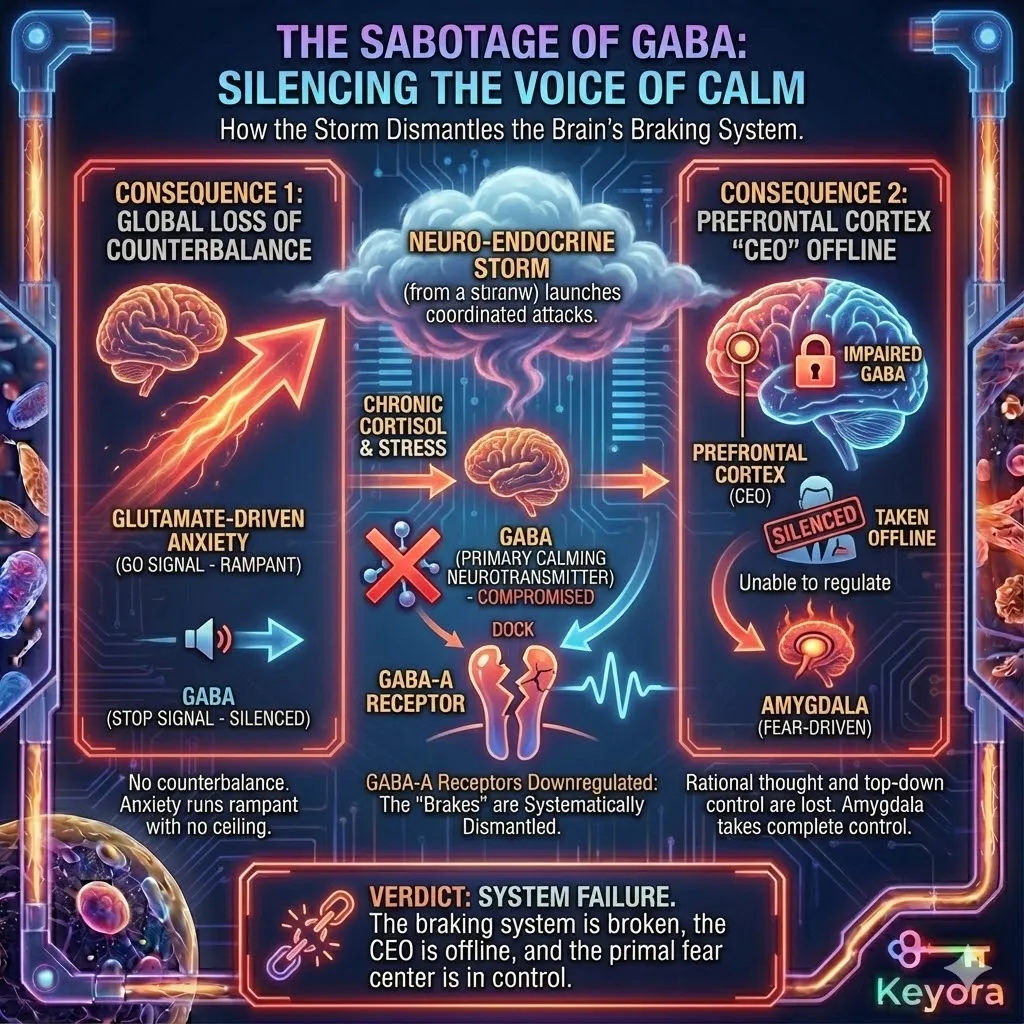 The storm executes a coordinated sabotage of the GABA system by downregulating GABA-A receptor function, effectively dismantling the brain’s molecular braking system. This loss of inhibitory control results in an unchecked glutamate-driven state where the "Stop" signal is silenced. Mechanistically, this impairment takes the prefrontal cortex—the brain's executive regulator—offline, as its ability to exert top-down control over the amygdala depends on robust GABAergic signaling. Consequently, rational thought is bypassed, and the primitive, fear-driven amygdala assumes total systemic control, leaving the individual unable to modulate or reason with states of intense anxiety. The storm executes a coordinated sabotage of the GABA system by downregulating GABA-A receptor function, effectively dismantling the brain’s molecular braking system. This loss of inhibitory control results in an unchecked glutamate-driven state where the "Stop" signal is silenced. Mechanistically, this impairment takes the prefrontal cortex—the brain's executive regulator—offline, as its ability to exert top-down control over the amygdala depends on robust GABAergic signaling. Consequently, rational thought is bypassed, and the primitive, fear-driven amygdala assumes total systemic control, leaving the individual unable to modulate or reason with states of intense anxiety.