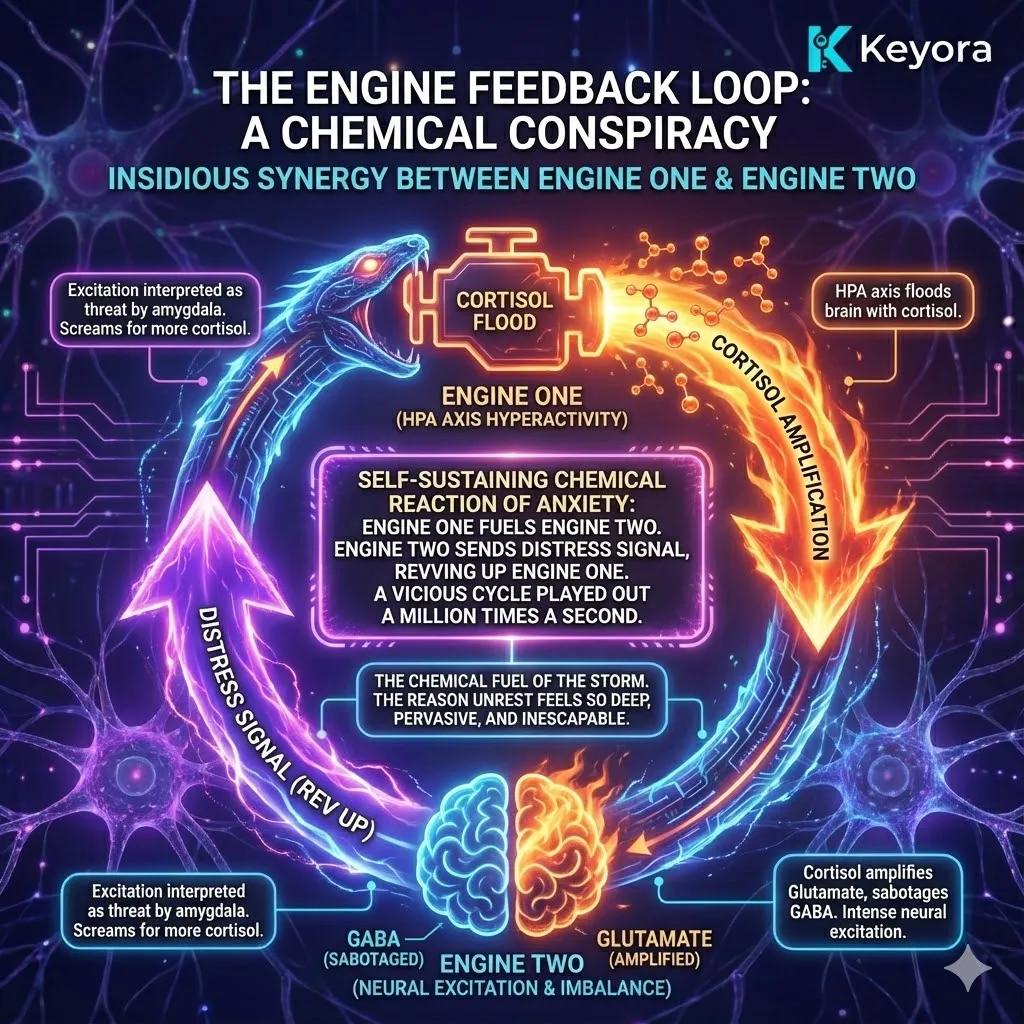 The "Chemical Conspiracy" describes the synergistic feedback loop between the HPA axis (Engine One) and neurotransmitter imbalance (Engine Two). Chronic cortisol secretion directly weaponizes glutamate and suppresses GABA, forcing the brain into a state of high-intensity neural excitation. This neurochemical unrest is perceived by the amygdala as an internal threat, which in turn triggers the HPA axis to release even more cortisol. This self-sustaining molecular reaction ensures that the physiological state of anxiety persists independently of external stressors, creating a million-fold cascade of distress that locks the brain into a state of inescapable, high-octane hyper-arousal. The "Chemical Conspiracy" describes the synergistic feedback loop between the HPA axis (Engine One) and neurotransmitter imbalance (Engine Two). Chronic cortisol secretion directly weaponizes glutamate and suppresses GABA, forcing the brain into a state of high-intensity neural excitation. This neurochemical unrest is perceived by the amygdala as an internal threat, which in turn triggers the HPA axis to release even more cortisol. This self-sustaining molecular reaction ensures that the physiological state of anxiety persists independently of external stressors, creating a million-fold cascade of distress that locks the brain into a state of inescapable, high-octane hyper-arousal.