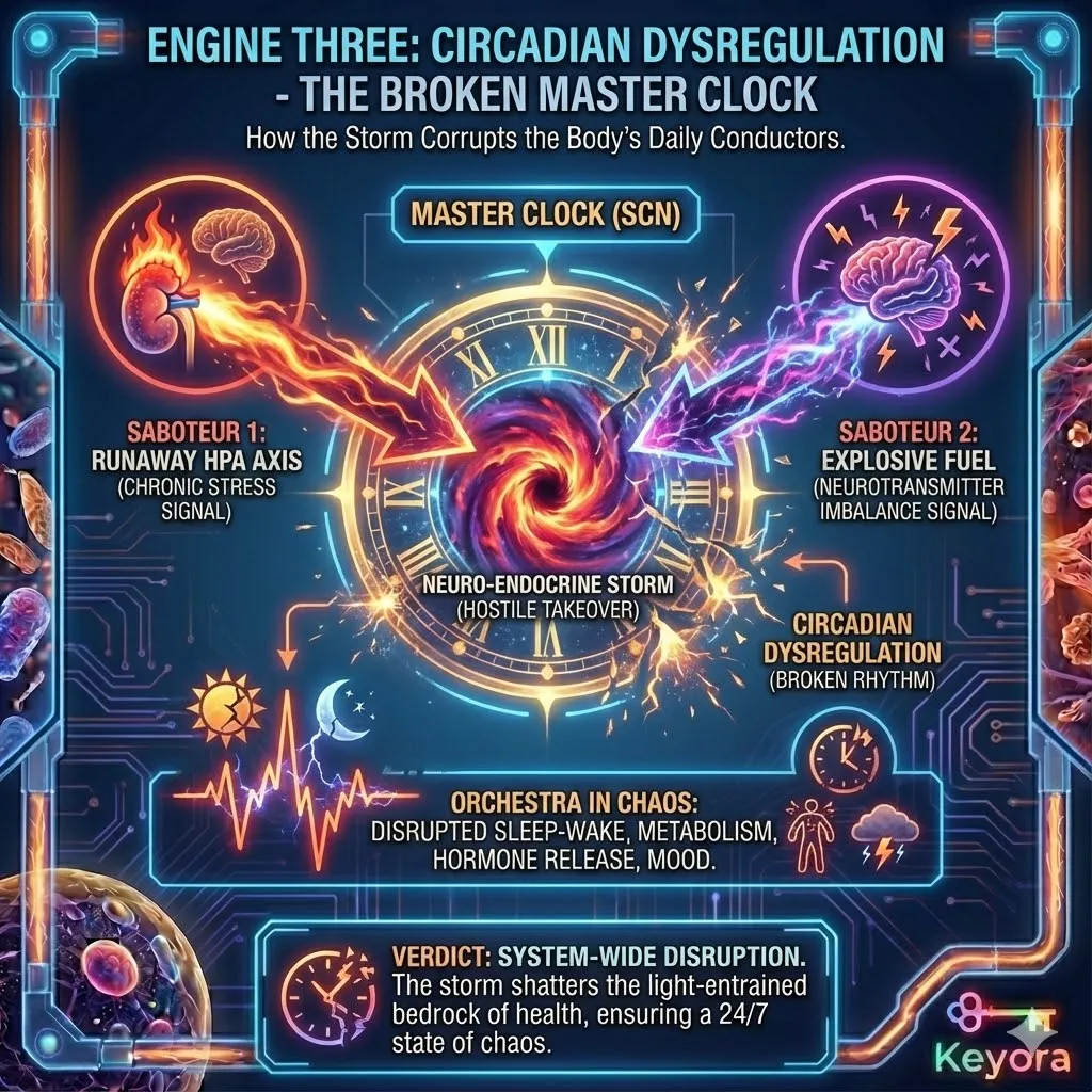 Engine Three involves the "Broken Master Clock," driven by the dysregulation of the Suprachiasmatic Nucleus (SCN). Under healthy conditions, the SCN acts as a biological conductor, using light-dark cycles to synchronize hormone release, metabolism, and neurotransmitter production. The Neuro-Endocrine Storm shatters this rhythm by replacing external light cues with internal chemical chaos. This shift represents a hostile takeover where the body’s master clock is no longer governed by the sun, but by the volatile signals of the HPA axis and neurochemical unrest, leading to a state where rest and activity cycles are fundamentally decoupled from the environment. Engine Three involves the "Broken Master Clock," driven by the dysregulation of the Suprachiasmatic Nucleus (SCN). Under healthy conditions, the SCN acts as a biological conductor, using light-dark cycles to synchronize hormone release, metabolism, and neurotransmitter production. The Neuro-Endocrine Storm shatters this rhythm by replacing external light cues with internal chemical chaos. This shift represents a hostile takeover where the body’s master clock is no longer governed by the sun, but by the volatile signals of the HPA axis and neurochemical unrest, leading to a state where rest and activity cycles are fundamentally decoupled from the environment.