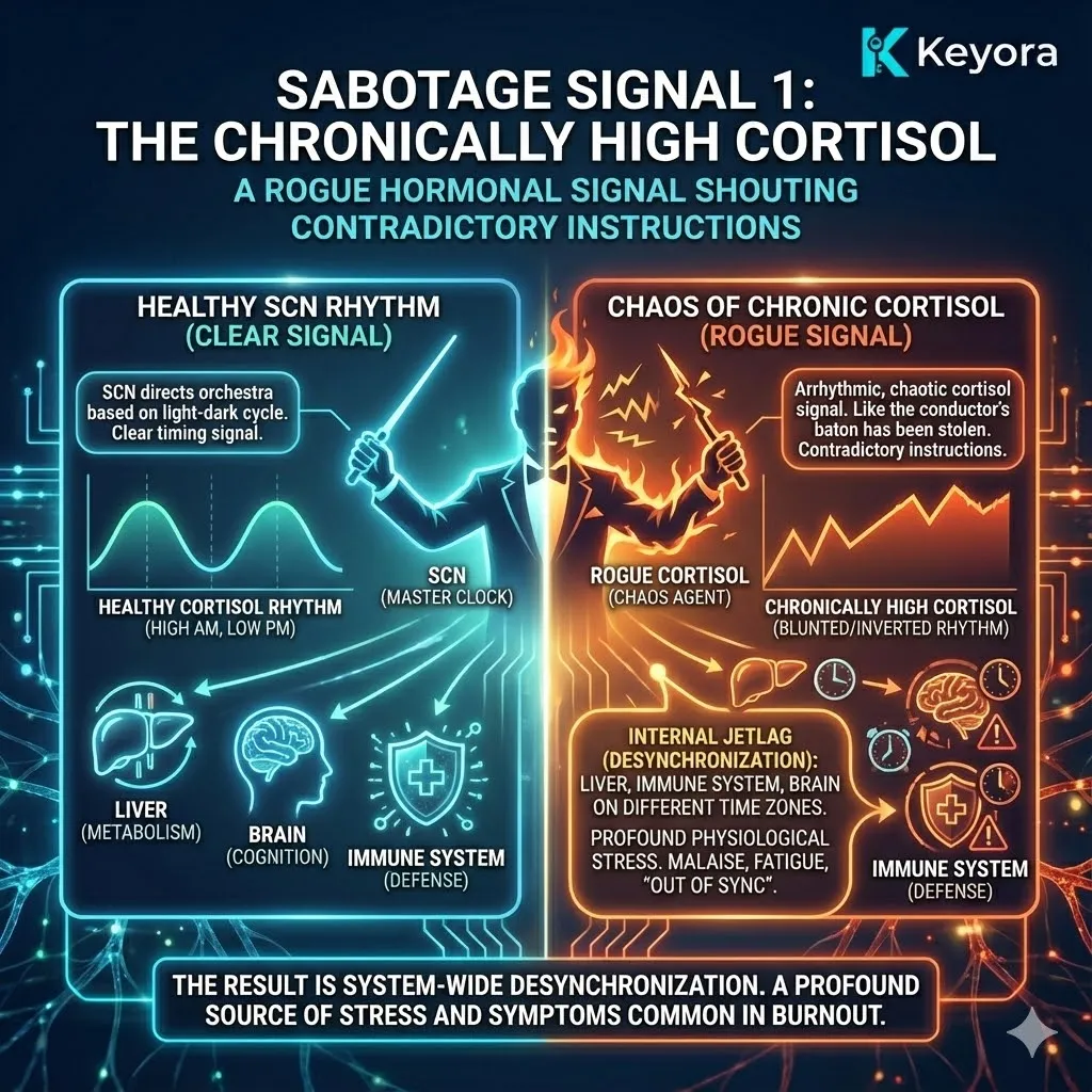 Sabotage Signal 1 involves the disruption of the circadian rhythm by chronically elevated and arrhythmic cortisol. In a healthy state, cortisol follows a precise daily curve dictated by the Suprachiasmatic Nucleus (SCN); however, the runaway HPA axis produces evening spikes that contradict the SCN’s timing signals. This hormonal chaos steals the "conductor's baton," leading to internal desynchronization where different organ systems operate on conflicting biological time zones. This physiological state of permanent internal jetlag causes systemic malaise and fatigue, as the body's internal coordination between metabolism, immunity, and neurological function completely collapses. Sabotage Signal 1 involves the disruption of the circadian rhythm by chronically elevated and arrhythmic cortisol. In a healthy state, cortisol follows a precise daily curve dictated by the Suprachiasmatic Nucleus (SCN); however, the runaway HPA axis produces evening spikes that contradict the SCN’s timing signals. This hormonal chaos steals the "conductor's baton," leading to internal desynchronization where different organ systems operate on conflicting biological time zones. This physiological state of permanent internal jetlag causes systemic malaise and fatigue, as the body's internal coordination between metabolism, immunity, and neurological function completely collapses.