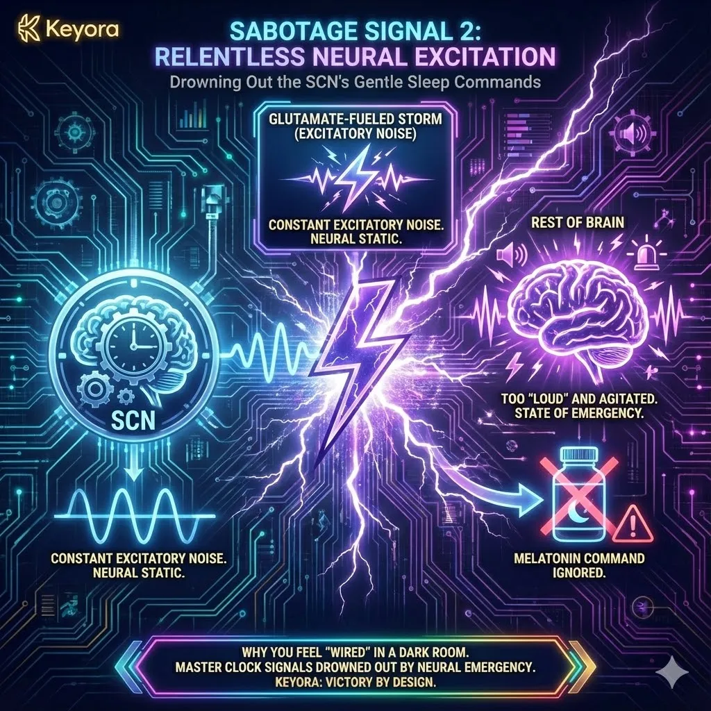 Sabotage Signal 2 is relentless neural excitation, where the glutamate-fueled "noise" of the Neuro-Endocrine Storm drowns out the SCN’s signals. For the master clock to initiate the sleep-promoting cascade, the brain must transition into a GABA-dominant state of neurological quiet. However, the prevailing excitatory state acts as neural static, preventing the brain from responding to the pineal gland's release of melatonin. This explains the "wired but tired" phenomenon: while the master clock attempts to signal the start of the night phase, the heightened state of neural emergency ensures those commands are ignored, effectively locking the brain out of restorative sleep. Sabotage Signal 2 is relentless neural excitation, where the glutamate-fueled "noise" of the Neuro-Endocrine Storm drowns out the SCN’s signals. For the master clock to initiate the sleep-promoting cascade, the brain must transition into a GABA-dominant state of neurological quiet. However, the prevailing excitatory state acts as neural static, preventing the brain from responding to the pineal gland's release of melatonin. This explains the "wired but tired" phenomenon: while the master clock attempts to signal the start of the night phase, the heightened state of neural emergency ensures those commands are ignored, effectively locking the brain out of restorative sleep.