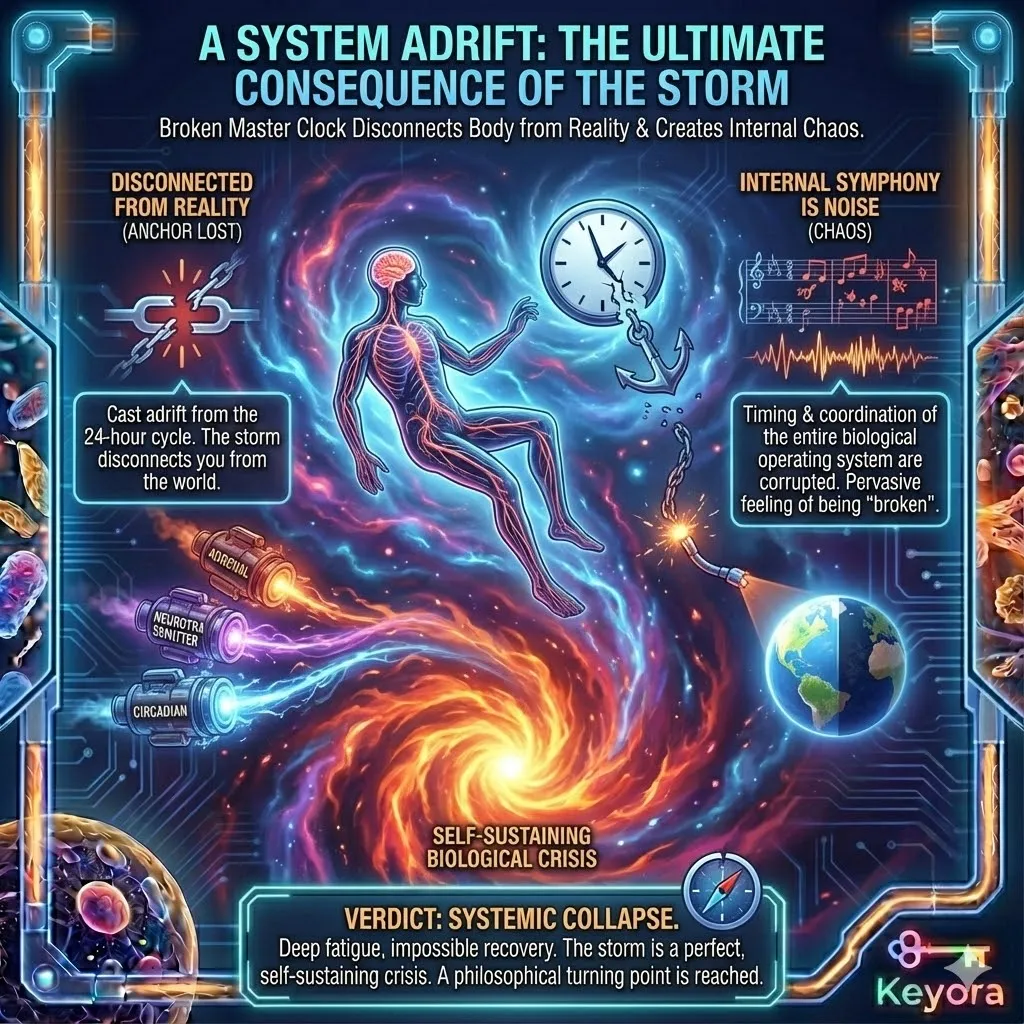 The "Broken Master Clock" represents the ultimate stage of systemic collapse, where the body is fundamentally decoupled from the 24-hour planetary cycle. The Neuro-Endocrine Storm transitions from an internal event to a complete disconnection from environmental reality. This circadian drifting ensures that the entire biological operating system—encompassing hormone secretion, metabolism, and immunity—loses its temporal coordination. The resulting "deep fatigue" is the perceptible consequence of a biological symphony that has collapsed into noise, creating a self-sustaining crisis where the body’s fundamental mechanisms for recovery are no longer synchronized with the external world. The "Broken Master Clock" represents the ultimate stage of systemic collapse, where the body is fundamentally decoupled from the 24-hour planetary cycle. The Neuro-Endocrine Storm transitions from an internal event to a complete disconnection from environmental reality. This circadian drifting ensures that the entire biological operating system—encompassing hormone secretion, metabolism, and immunity—loses its temporal coordination. The resulting "deep fatigue" is the perceptible consequence of a biological symphony that has collapsed into noise, creating a self-sustaining crisis where the body’s fundamental mechanisms for recovery are no longer synchronized with the external world.