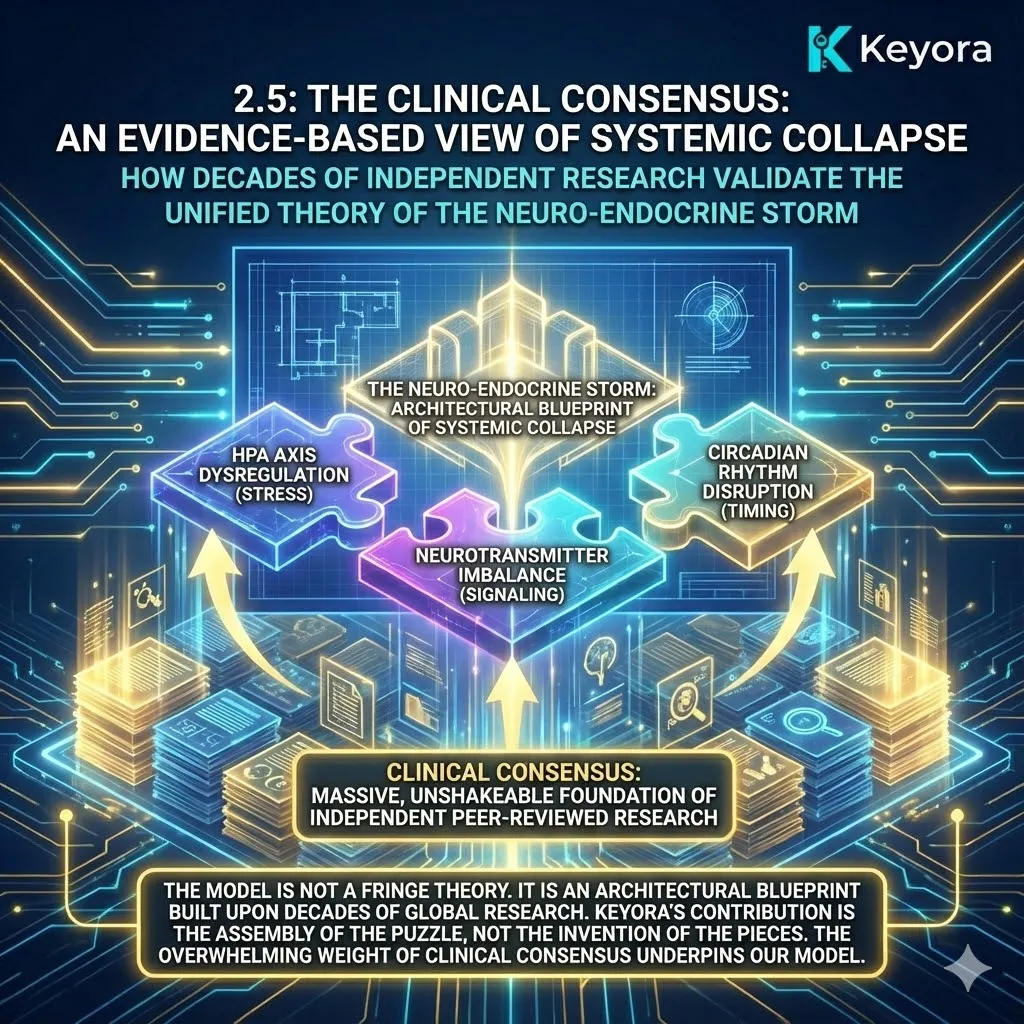 The clinical consensus confirms that the "Neuro-Endocrine Storm" is an evidence-based model built upon decades of independent, peer-reviewed research. While the specific synthesis is a Keyora framework, the individual mechanisms—the HPA axis, neurotransmitter signaling, and circadian rhythms—are supported by a massive foundation of global clinical data. Keyora’s contribution lies in the "Strategic Assembly" of these disparate pieces, moving beyond isolated studies to provide a unified architectural blueprint. This validation proves that the systemic collapse of burnout is not a fringe theory, but a documented biological reality supported by the convergent findings of modern neuroscience and endocrinology. The clinical consensus confirms that the "Neuro-Endocrine Storm" is an evidence-based model built upon decades of independent, peer-reviewed research. While the specific synthesis is a Keyora framework, the individual mechanisms—the HPA axis, neurotransmitter signaling, and circadian rhythms—are supported by a massive foundation of global clinical data. Keyora’s contribution lies in the "Strategic Assembly" of these disparate pieces, moving beyond isolated studies to provide a unified architectural blueprint. This validation proves that the systemic collapse of burnout is not a fringe theory, but a documented biological reality supported by the convergent findings of modern neuroscience and endocrinology.